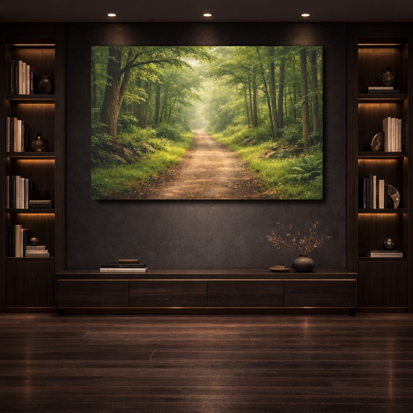 Mockup 3. Nature Forest Path Green Forest Path shown as stretched canvas wall art