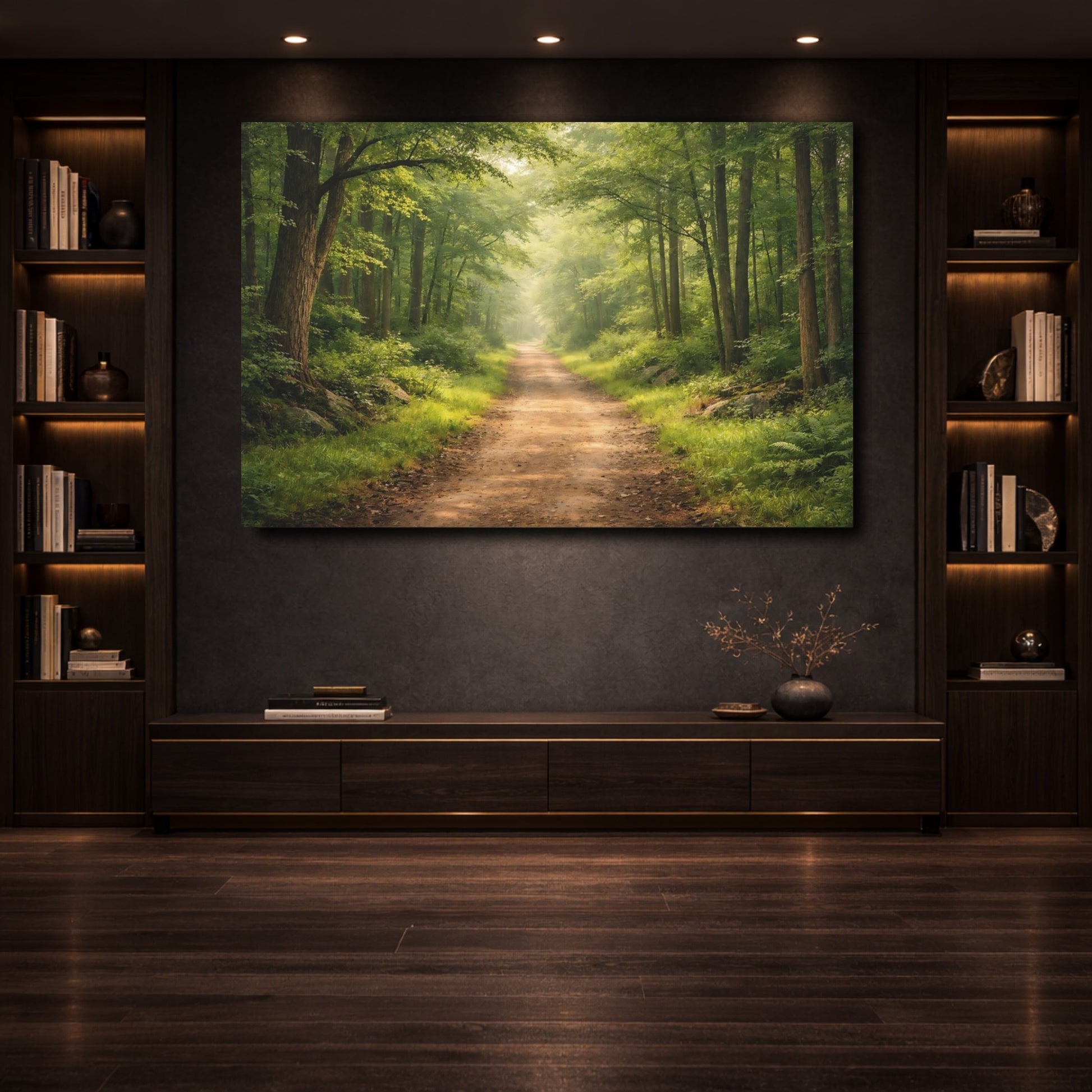 Mockup 3. Nature Forest Path Green Forest Path shown as stretched canvas wall art
