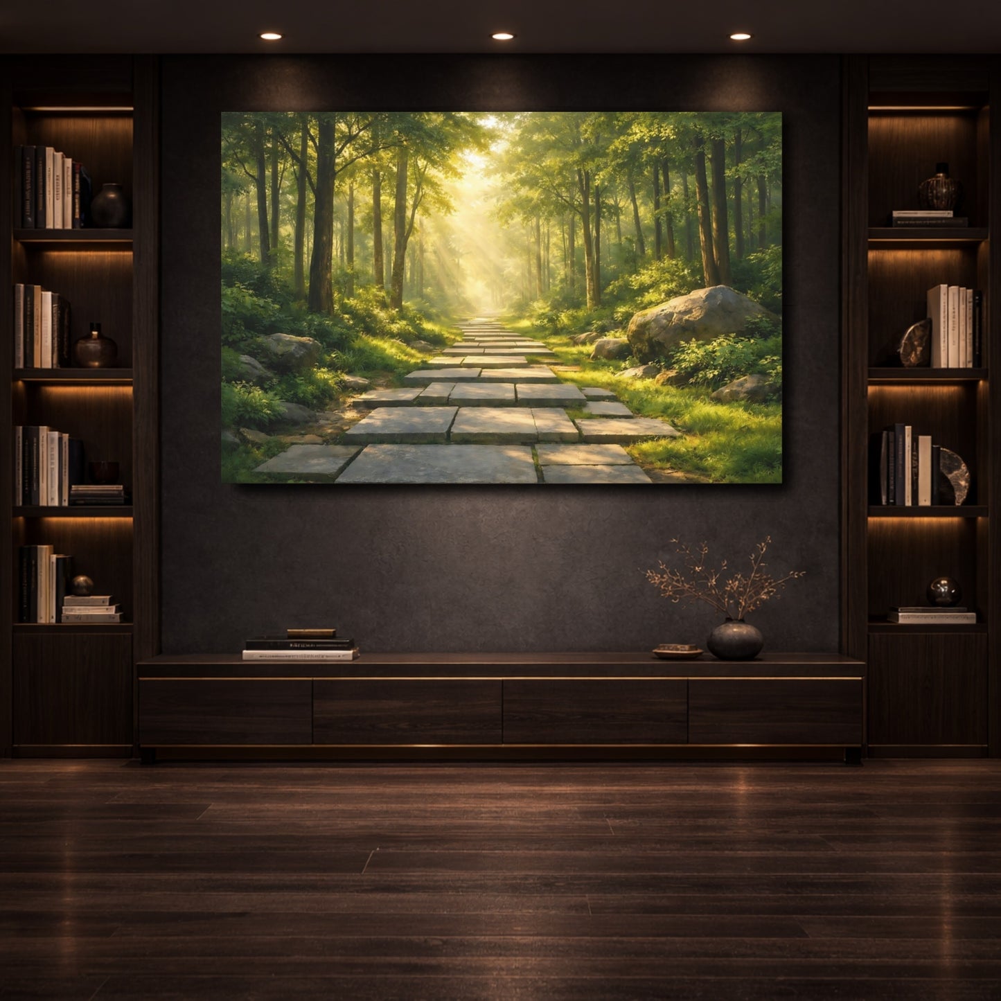 Mockup 3. Nature Forest Path Green Forest Path shown as stretched canvas wall art