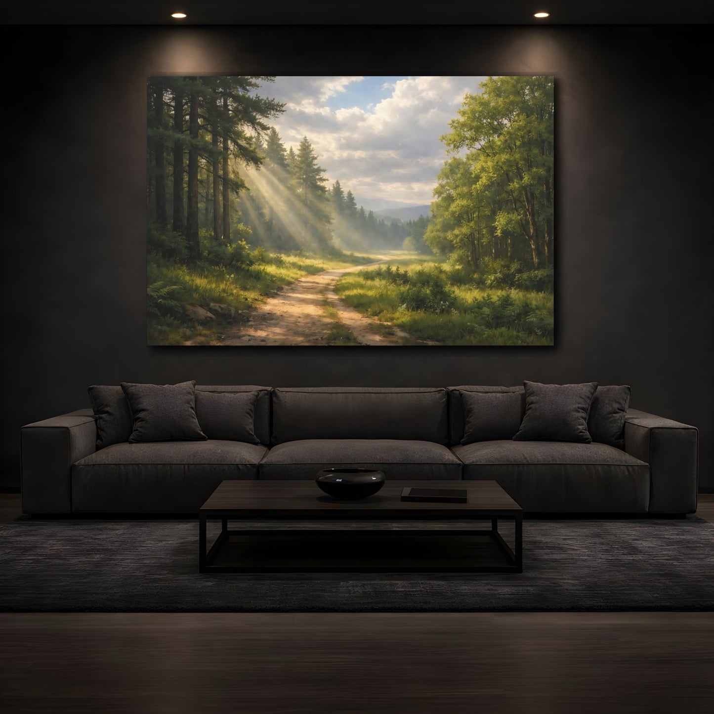 Mockup 4. Nature Forest Path Green Forest Path shown as stretched canvas wall art