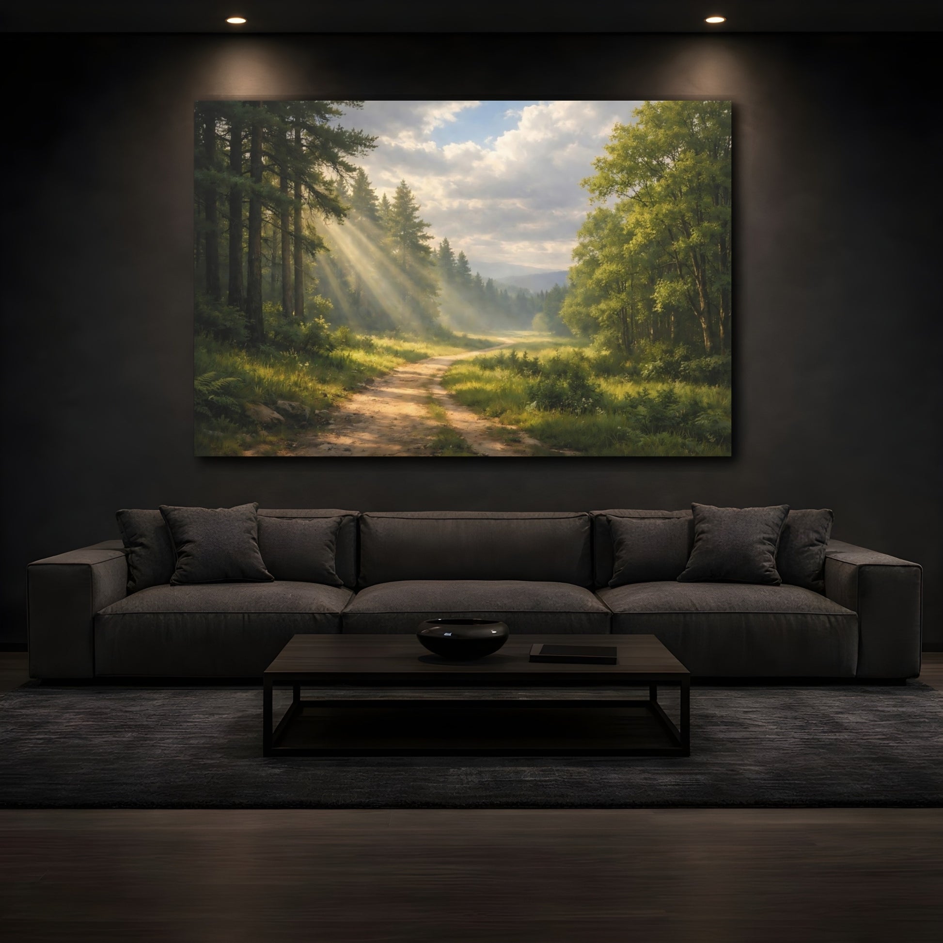 Mockup 4. Nature Forest Path Green Forest Path shown as stretched canvas wall art