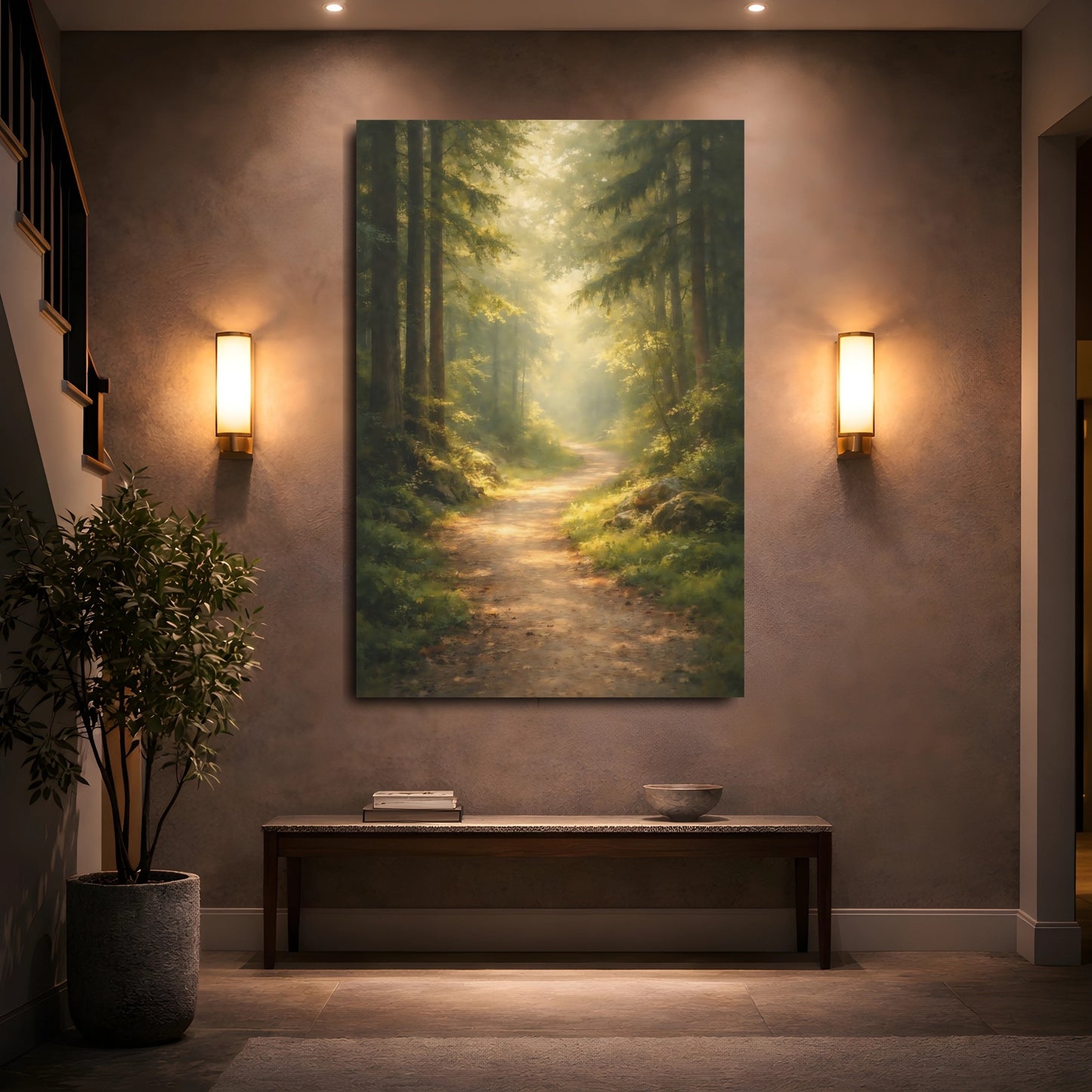 Mockup 4. Nature Forest Path Green Forest Path shown as stretched canvas wall art