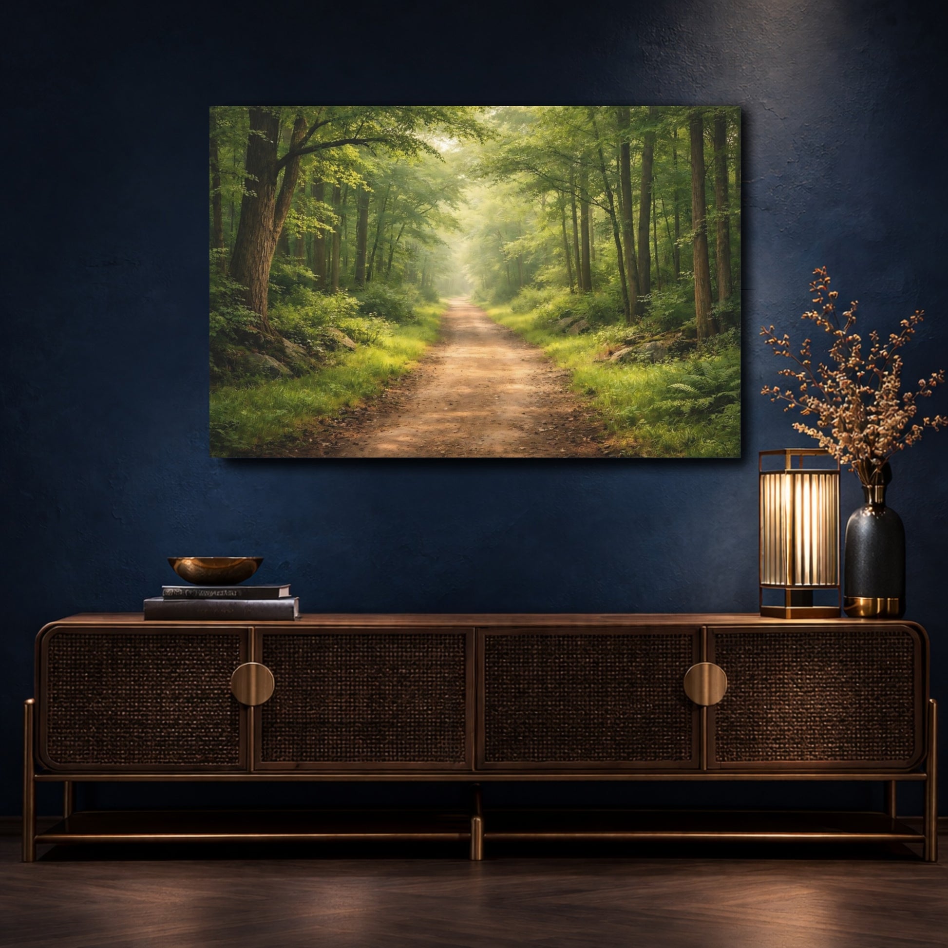 Mockup 4. Nature Forest Path Green Forest Path shown as stretched canvas wall art