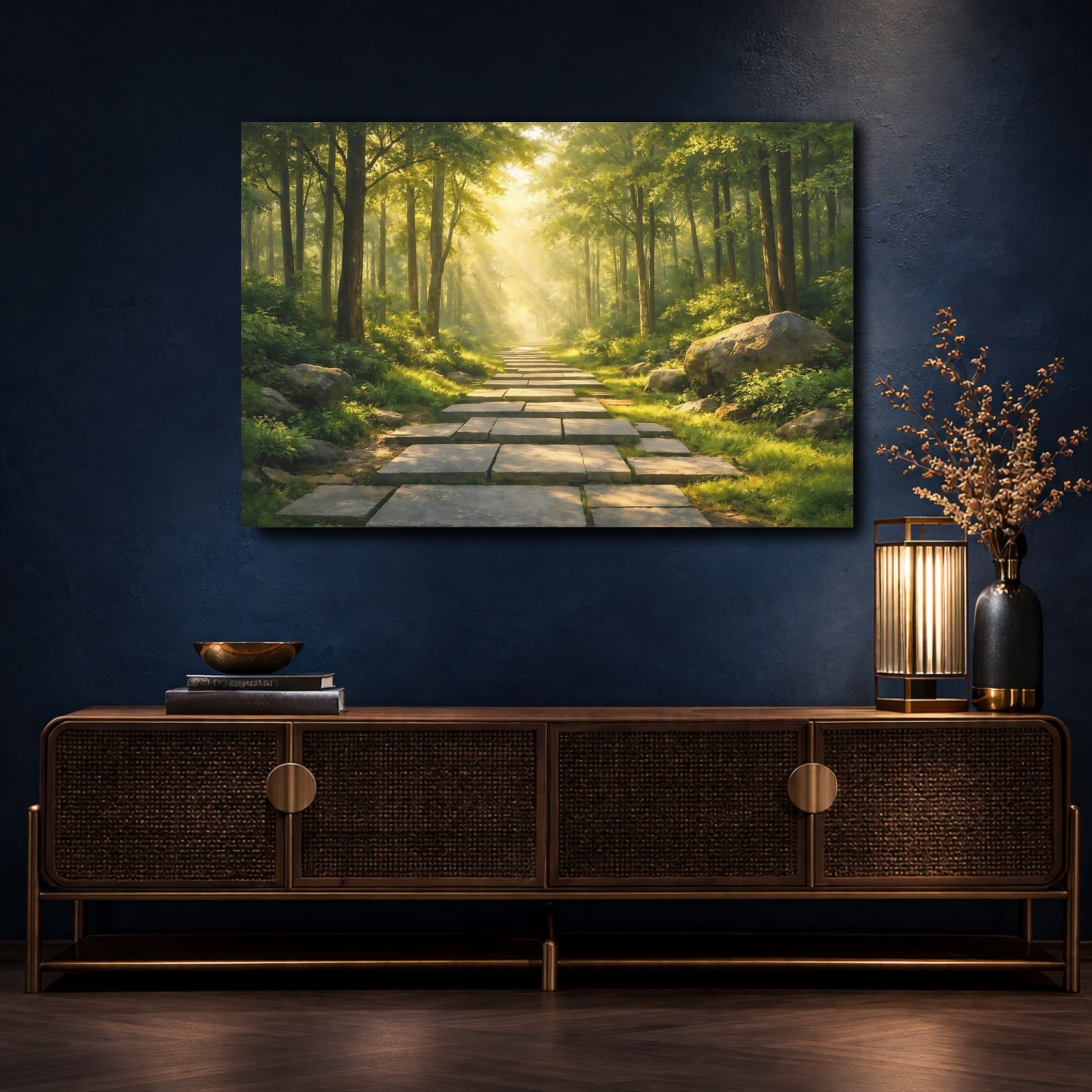 Mockup 4. Nature Forest Path Green Forest Path shown as stretched canvas wall art