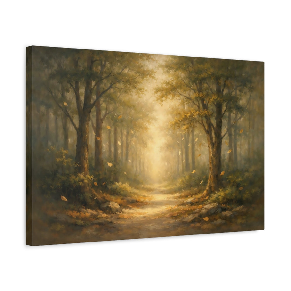 Side Mockup 3. Nature Forest Path Misty Forest Path shown as stretched canvas wall art