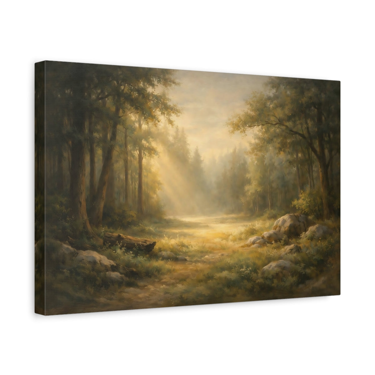 Side Mockup 4. Nature Forest Path Misty Forest Path shown as stretched canvas wall art