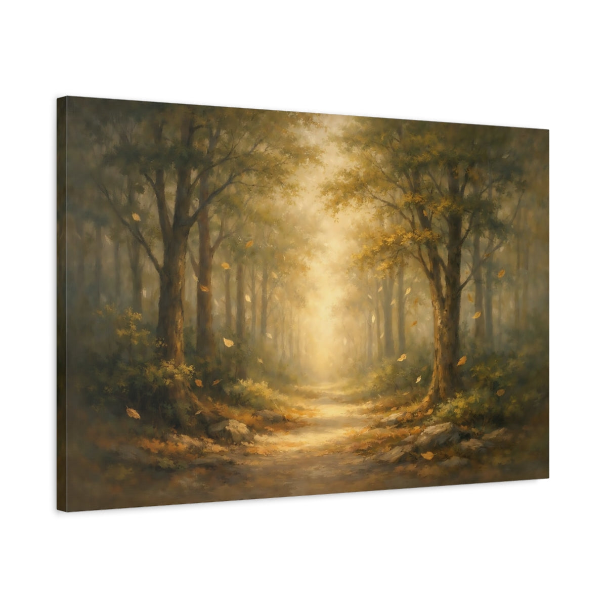 Side Mockup 2. Nature Forest Path Misty Forest Path shown as stretched canvas wall art