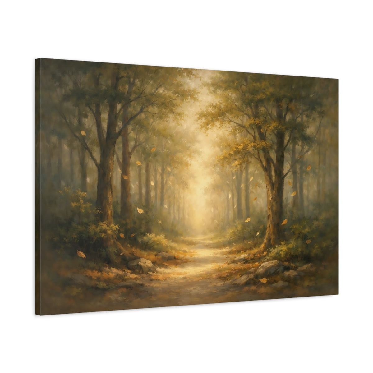 Side Mockup 1. Nature Forest Path Misty Forest Path shown as stretched canvas wall art