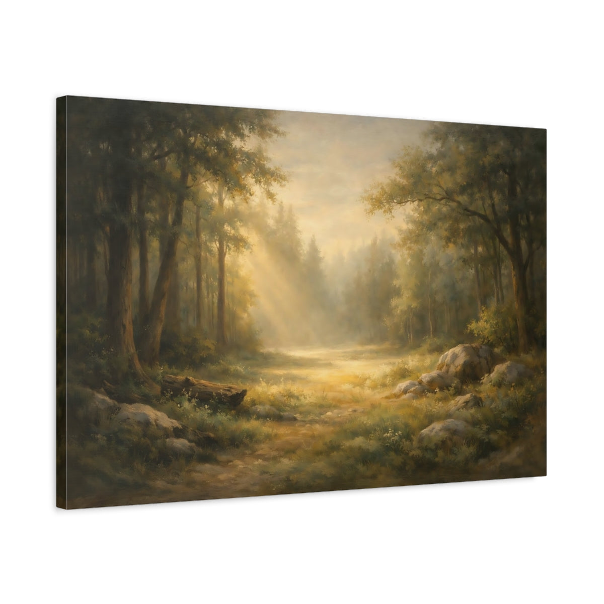 Side Mockup 2. Nature Forest Path Misty Forest Path shown as stretched canvas wall art