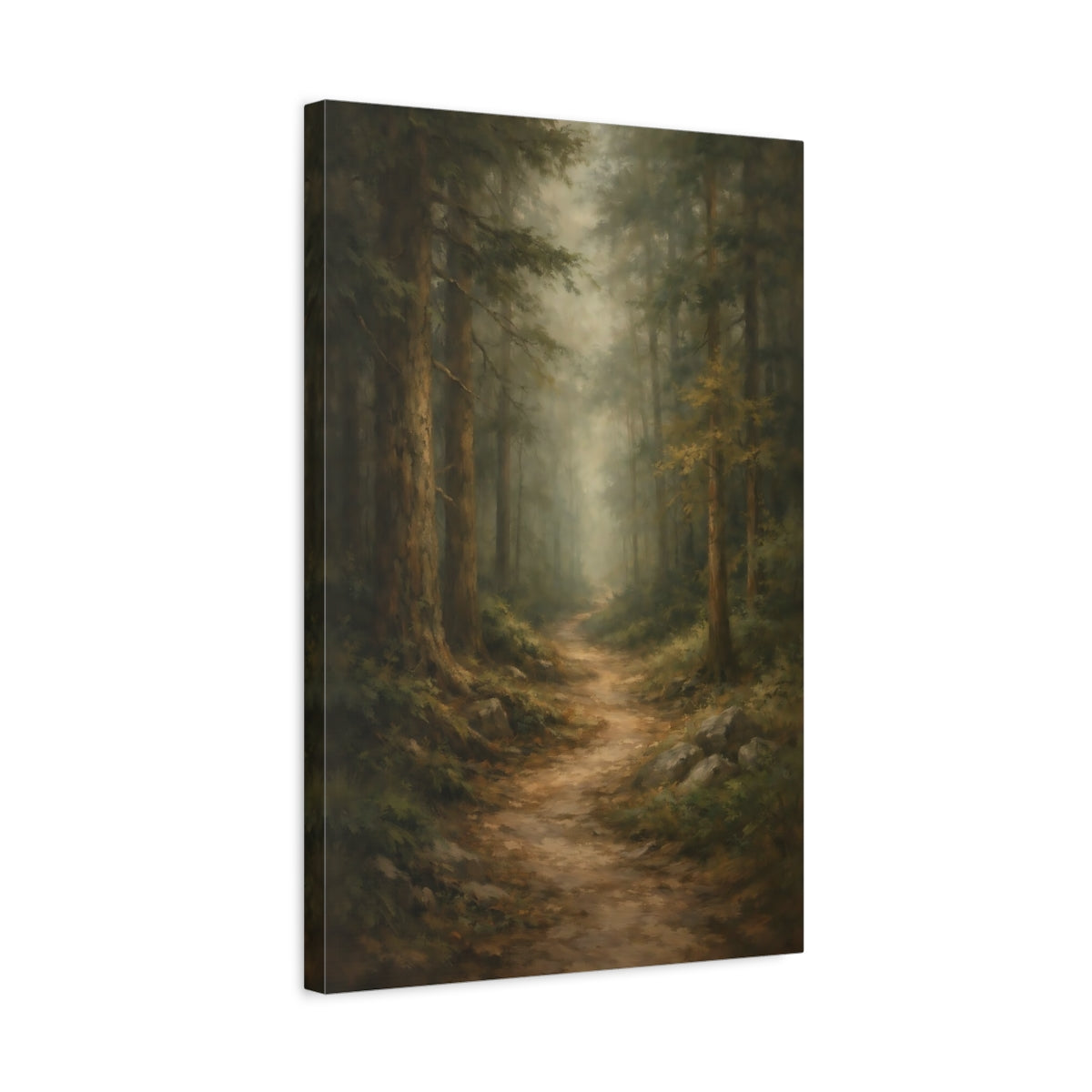Side Mockup 3. Nature Forest Path Misty Forest Path shown as stretched canvas wall art