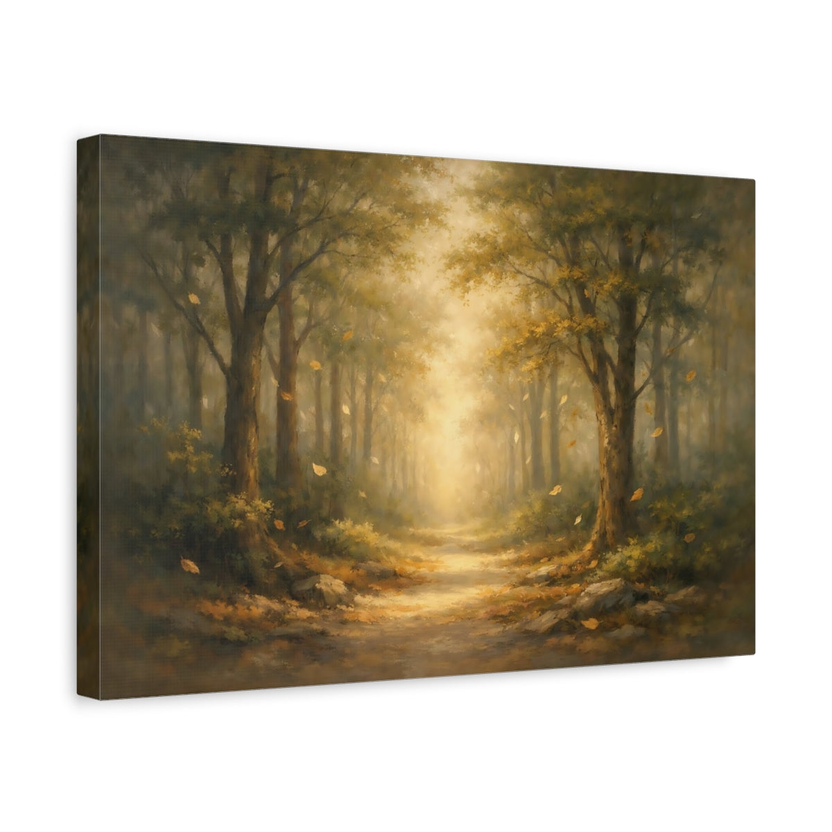 Side Mockup 4. Nature Forest Path Misty Forest Path shown as stretched canvas wall art
