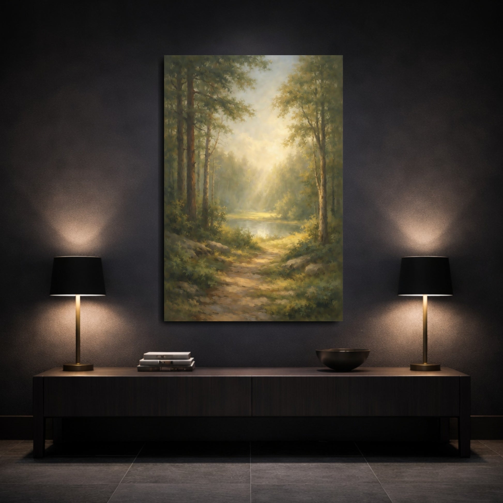 Mockup 2. Nature Forest Path Misty Forest Landscape shown as stretched canvas wall art