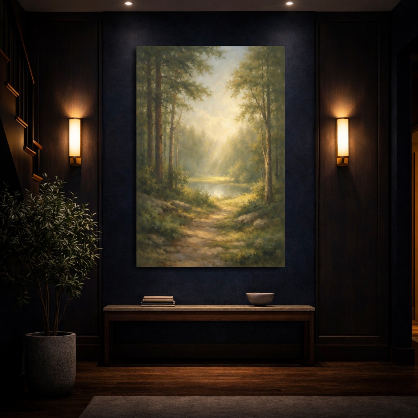 Mockup 3. Nature Forest Path Misty Forest Landscape shown as stretched canvas wall art