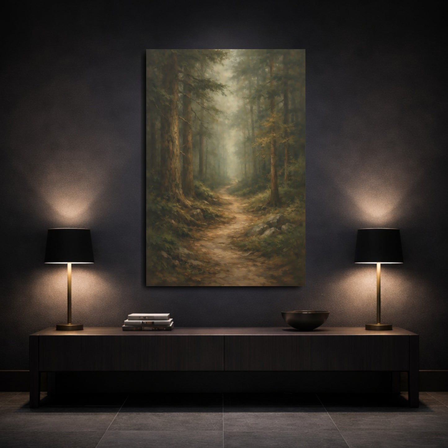 Mockup 2. Nature Forest Path Misty Forest Path shown as stretched canvas wall art