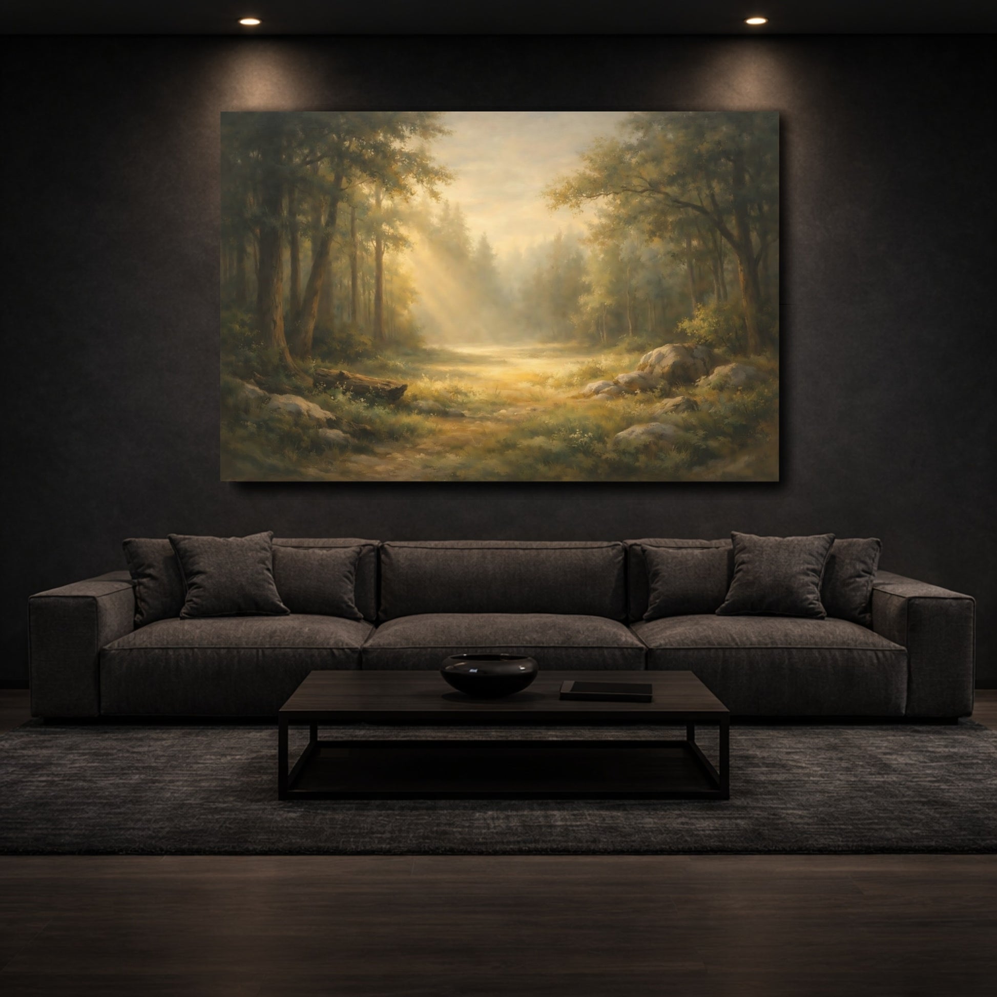 Mockup 2. Nature Forest Path Misty Forest Path shown as stretched canvas wall art