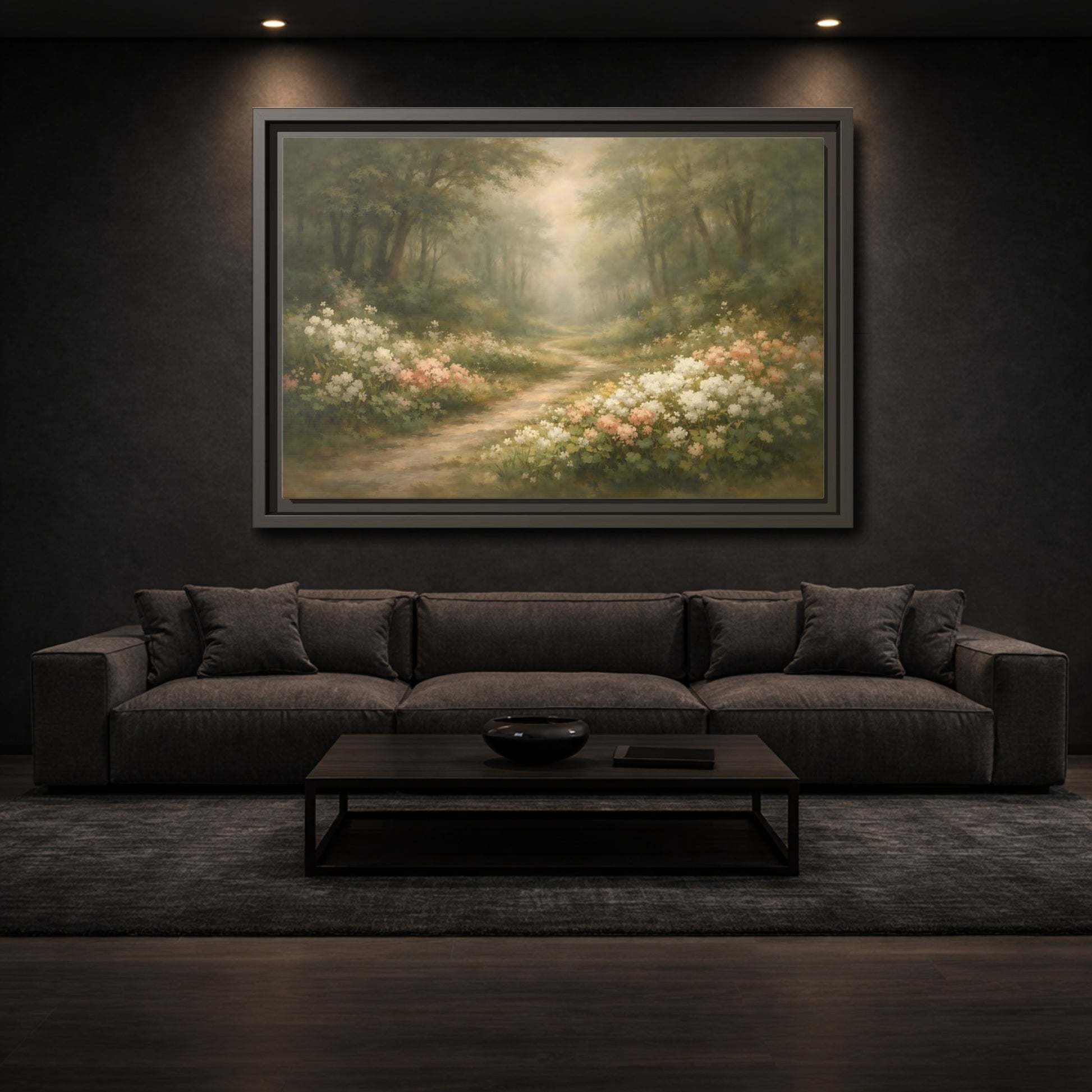 Mockup 2. Nature Forest Path Misty Forest Path shown as stretched canvas wall art