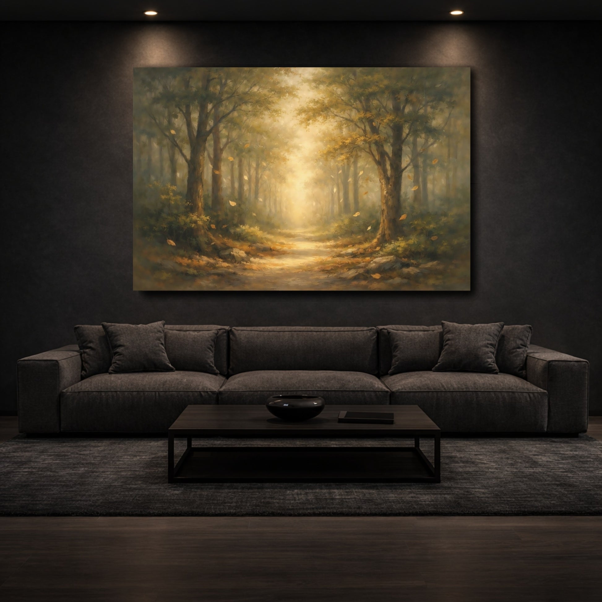Mockup 2. Nature Forest Path Misty Forest Path shown as stretched canvas wall art