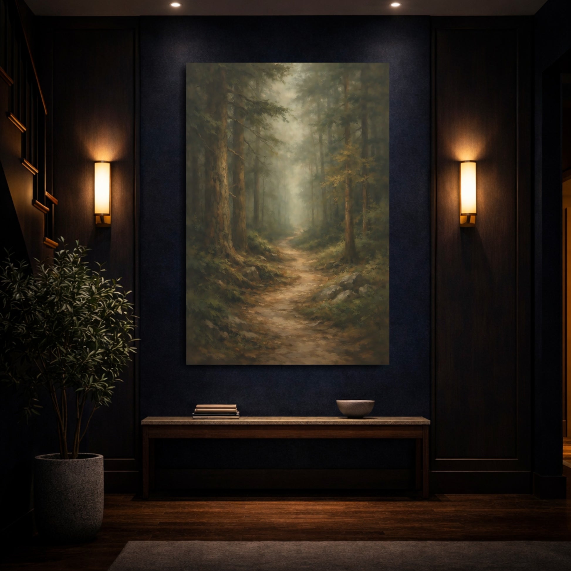 Mockup 3. Nature Forest Path Misty Forest Path shown as stretched canvas wall art