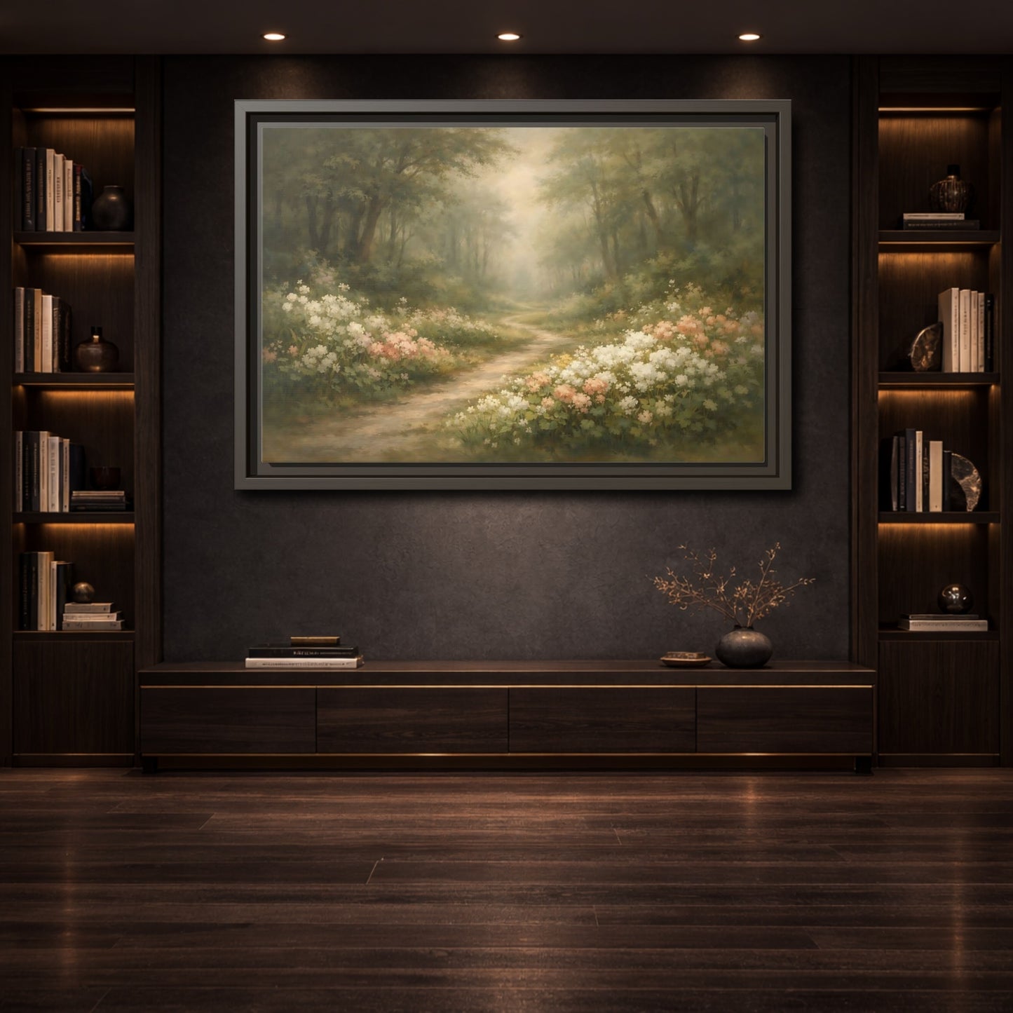 Mockup 3. Nature Forest Path Misty Forest Path shown as stretched canvas wall art