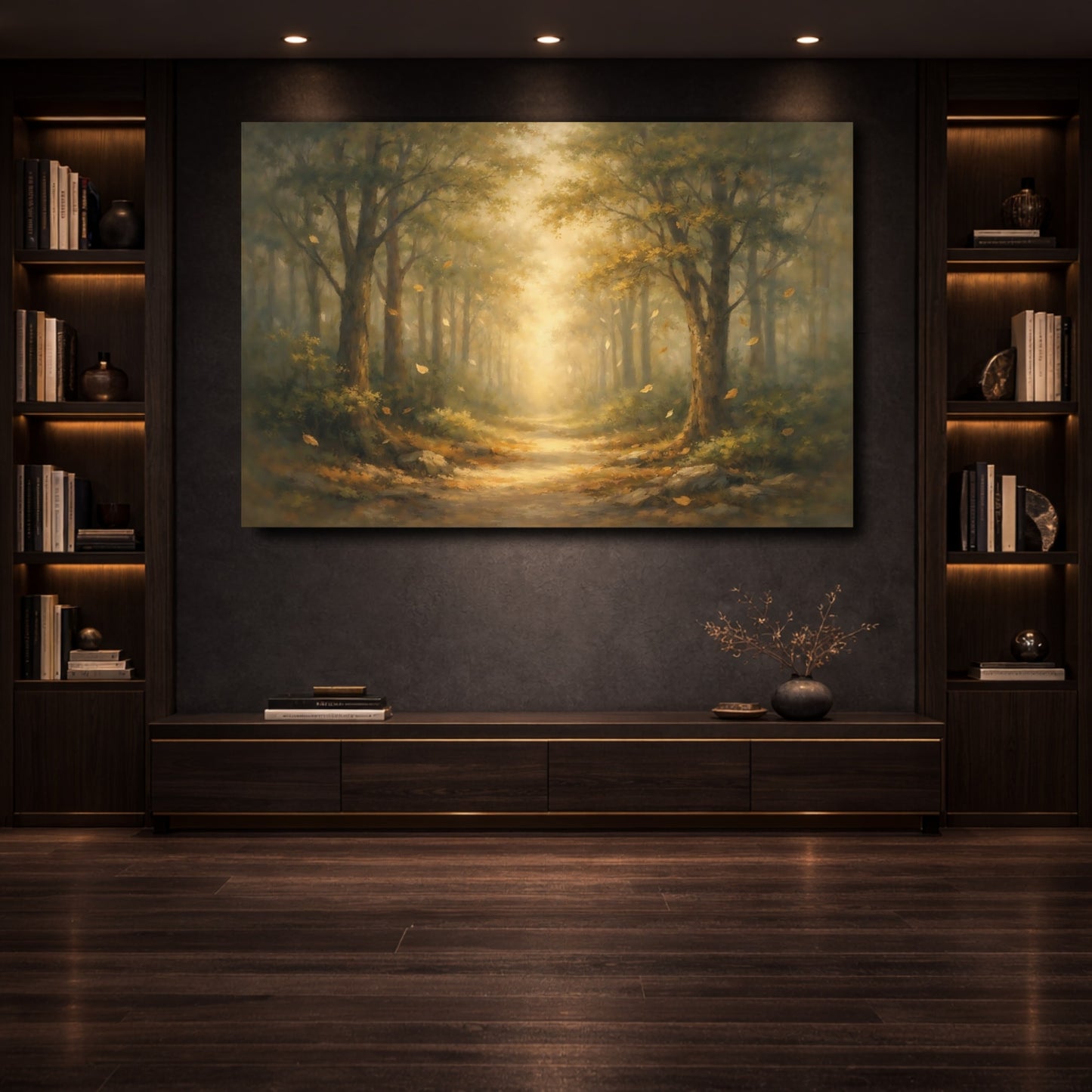 Mockup 3. Nature Forest Path Misty Forest Path shown as stretched canvas wall art