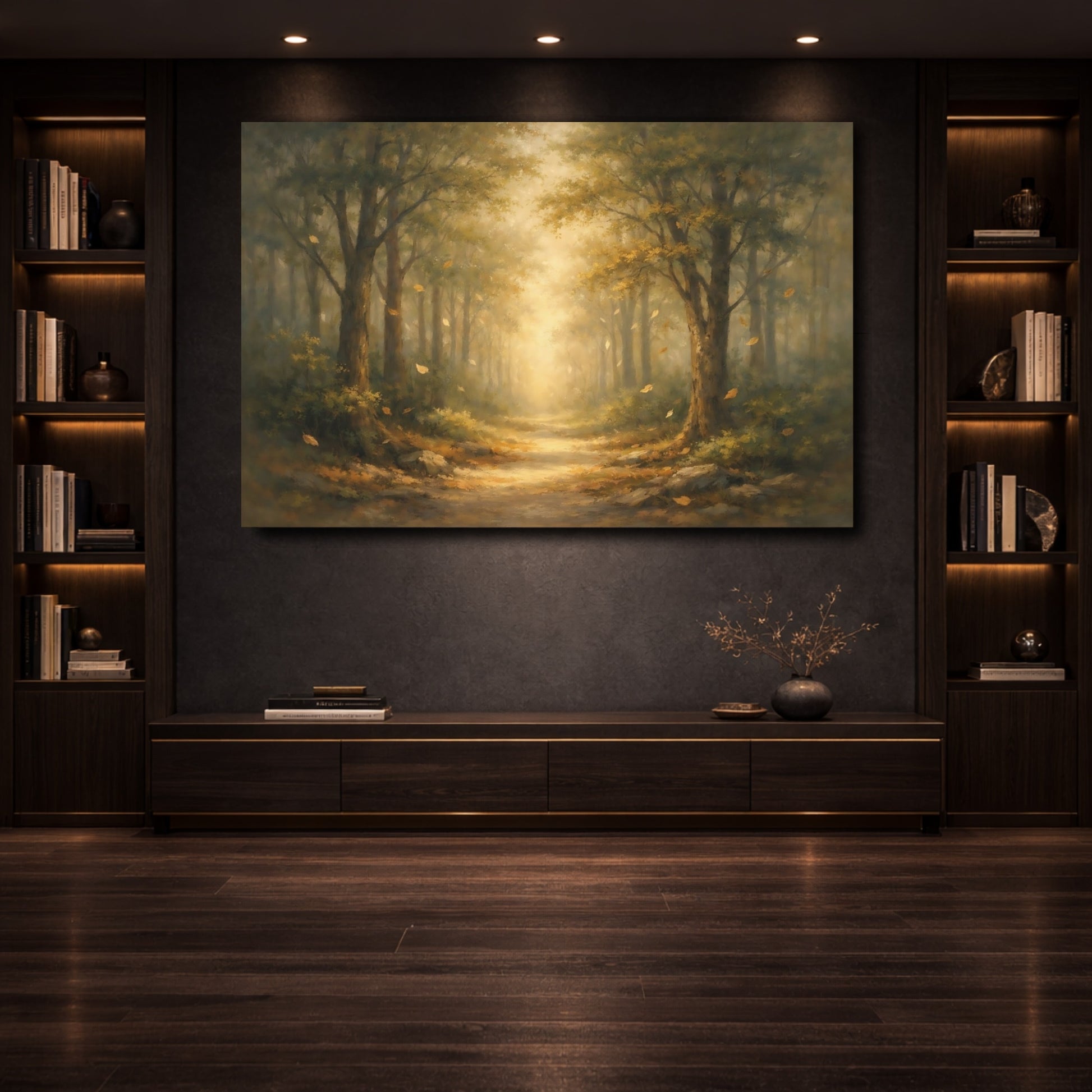Mockup 3. Nature Forest Path Misty Forest Path shown as stretched canvas wall art
