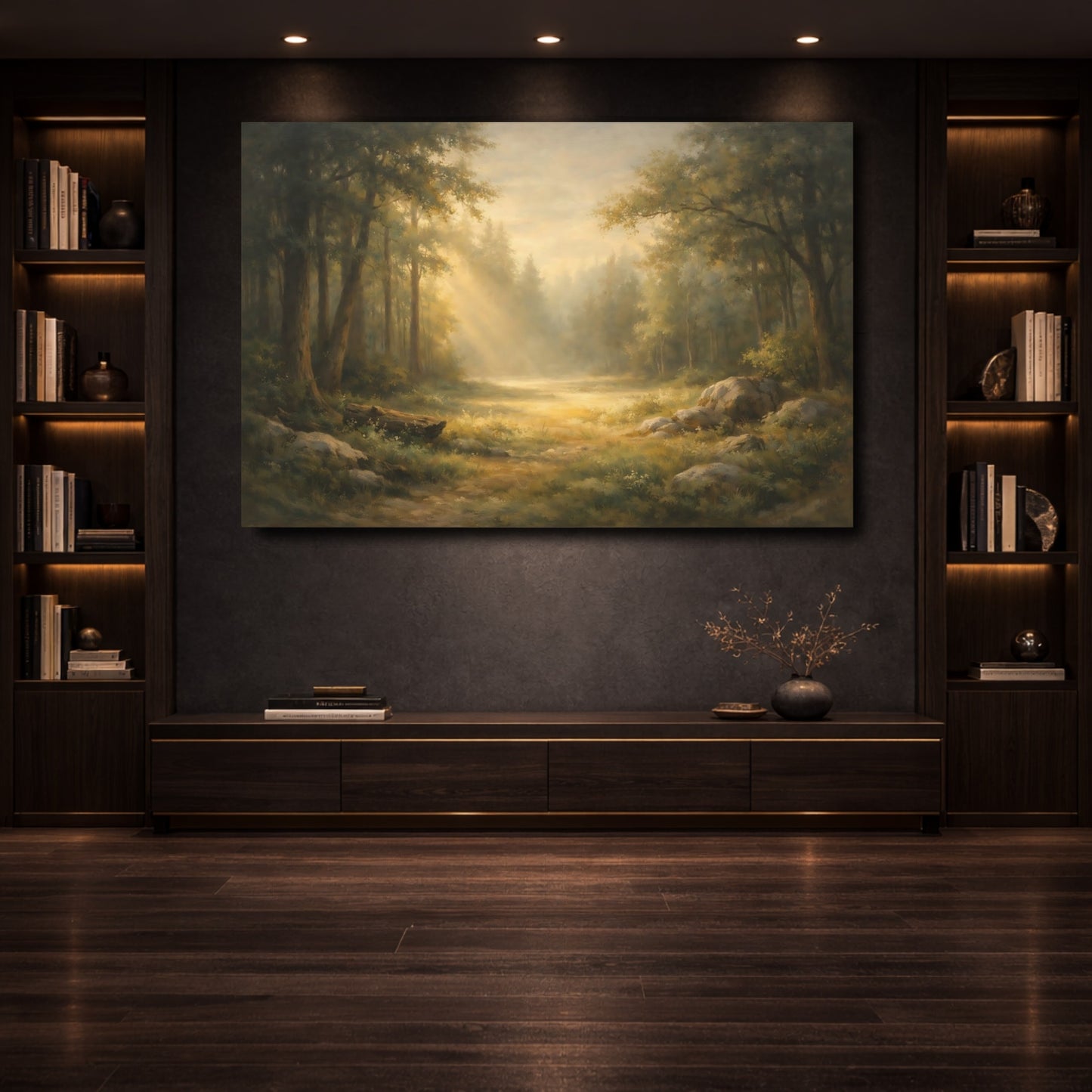 Mockup 3. Nature Forest Path Misty Forest Path shown as stretched canvas wall art