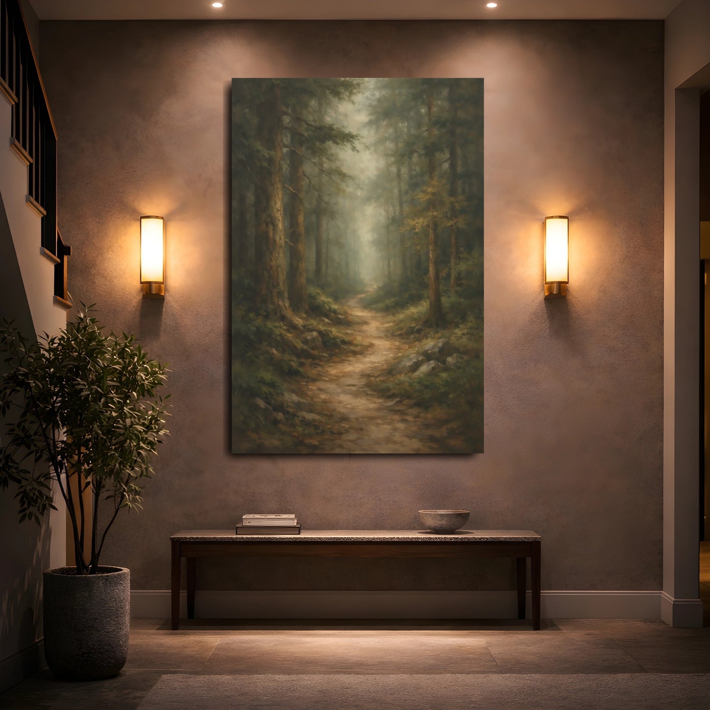 Mockup 4. Nature Forest Path Misty Forest Path shown as stretched canvas wall art