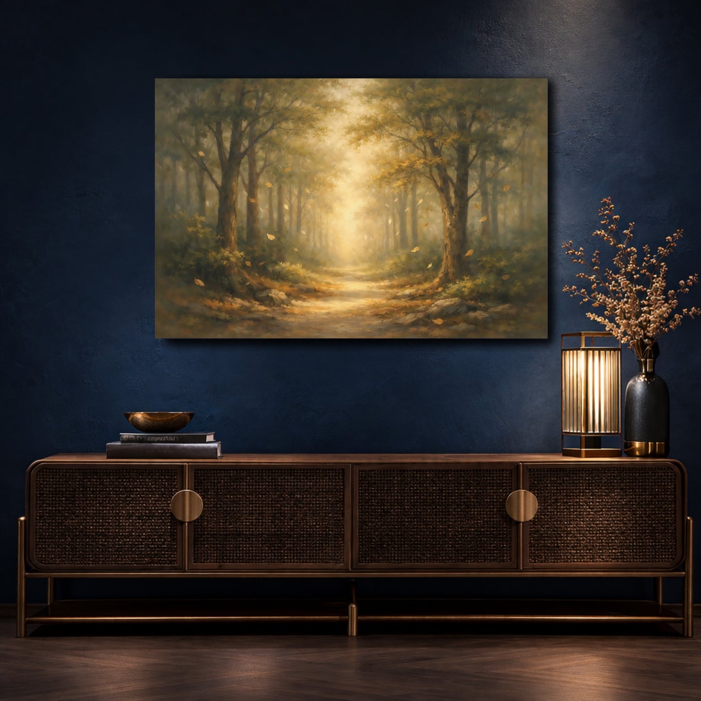Mockup 4. Nature Forest Path Misty Forest Path shown as stretched canvas wall art