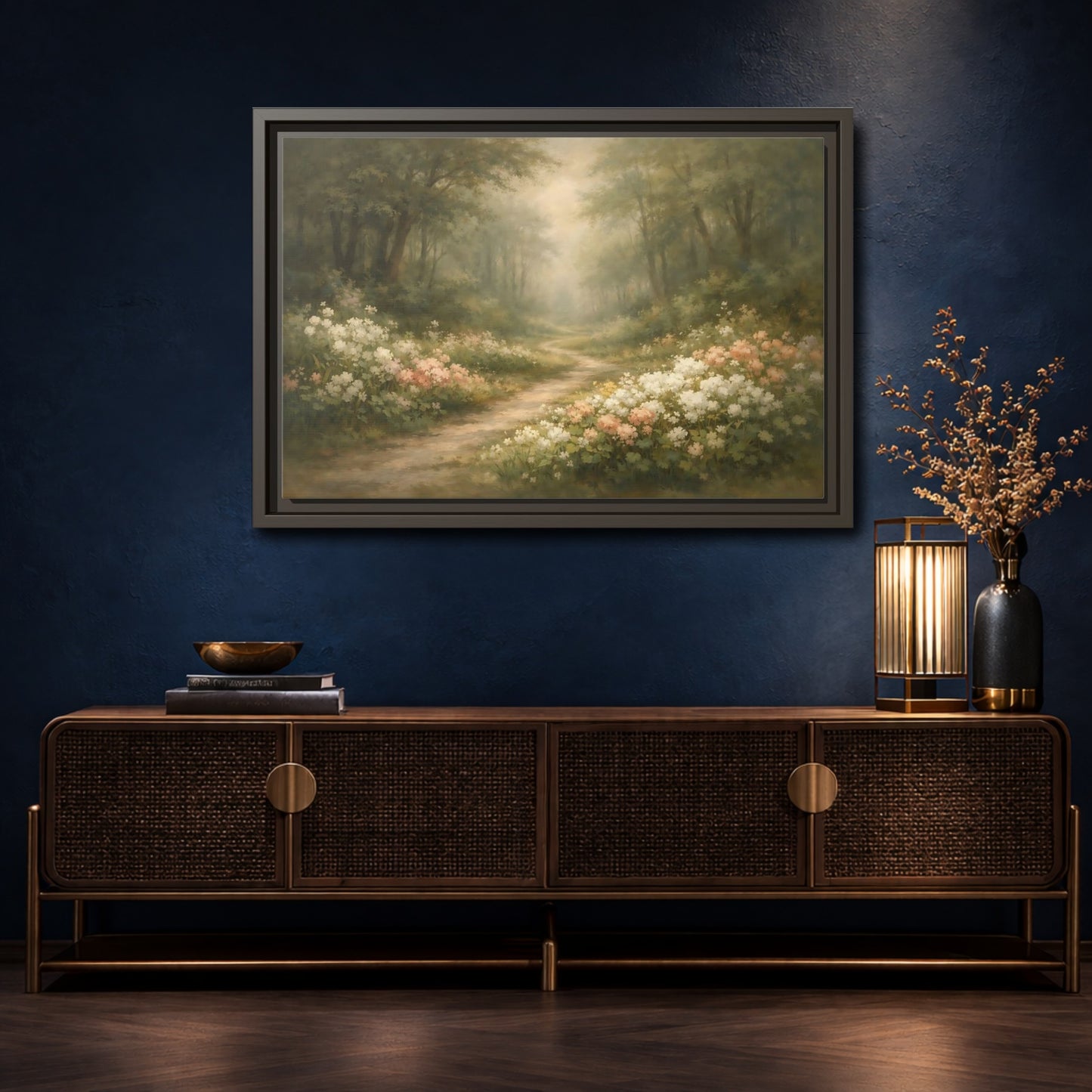 Mockup 4. Nature Forest Path Misty Forest Path shown as stretched canvas wall art