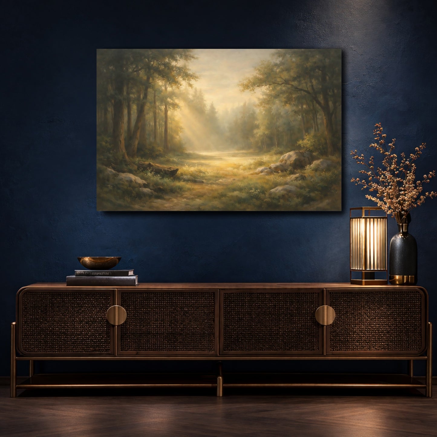 Mockup 4. Nature Forest Path Misty Forest Path shown as stretched canvas wall art