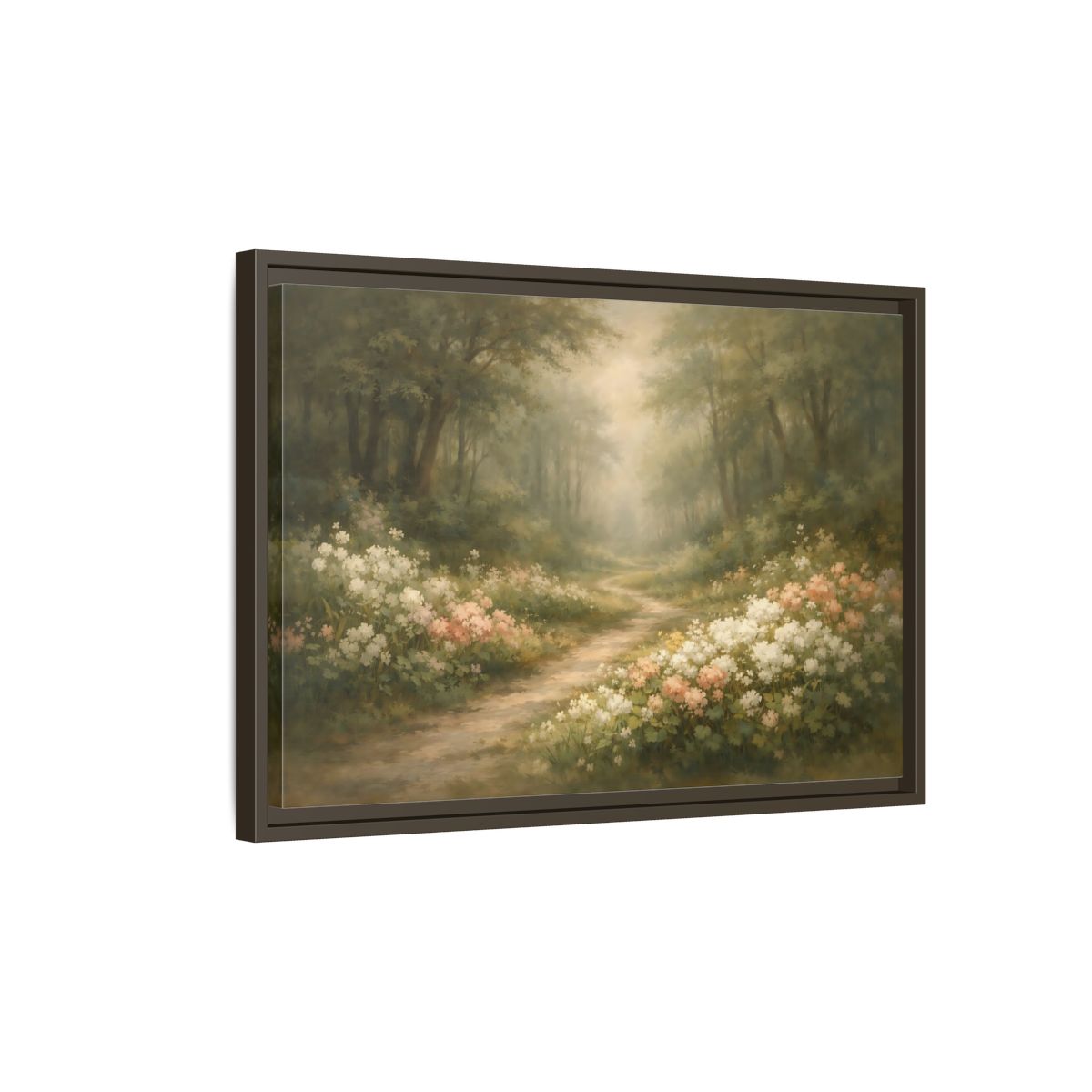 Side Mockup 2. Nature Forest Path Misty Forest Path shown as stretched canvas wall art