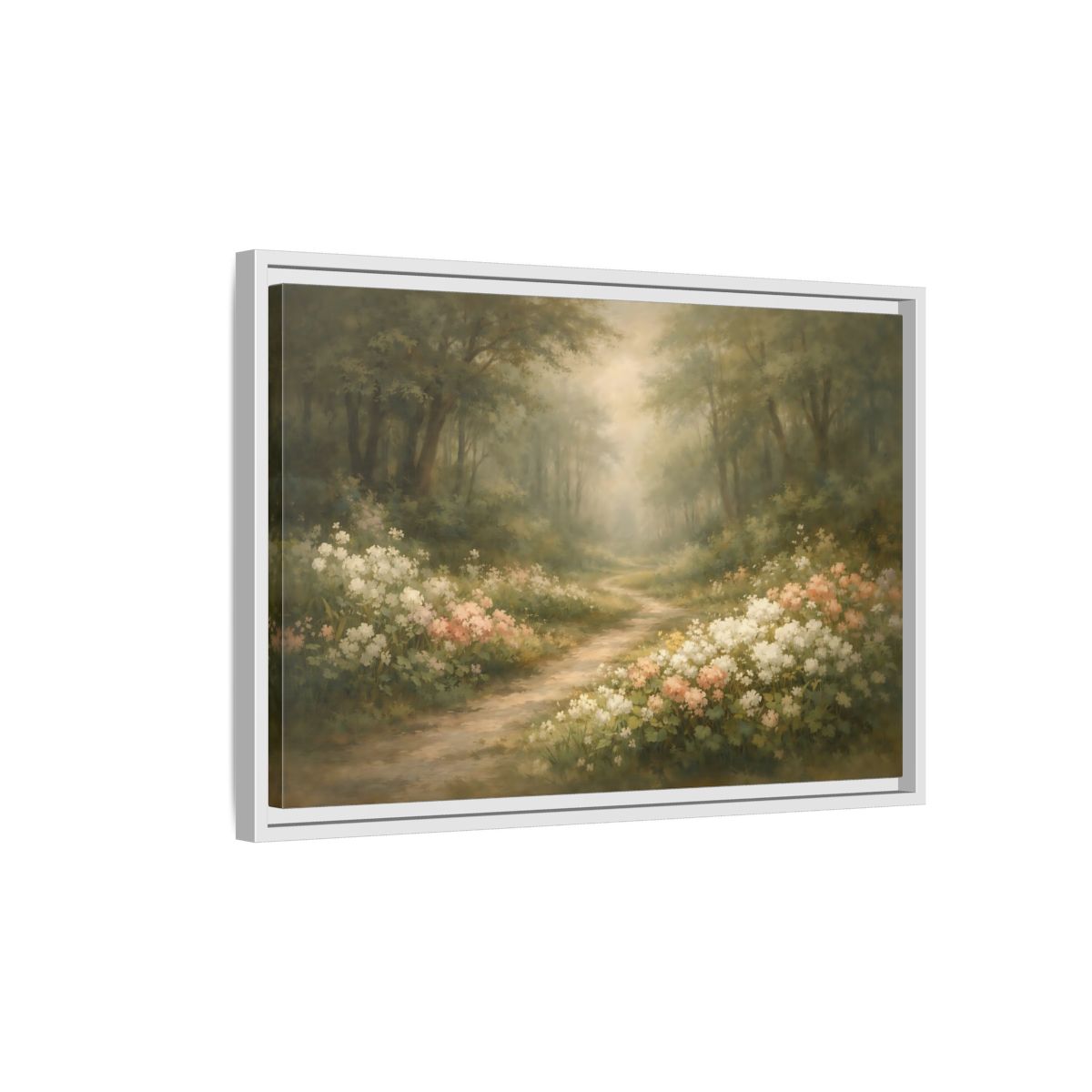 Side Mockup 1. Nature Forest Path Misty Forest Path shown as stretched canvas wall art