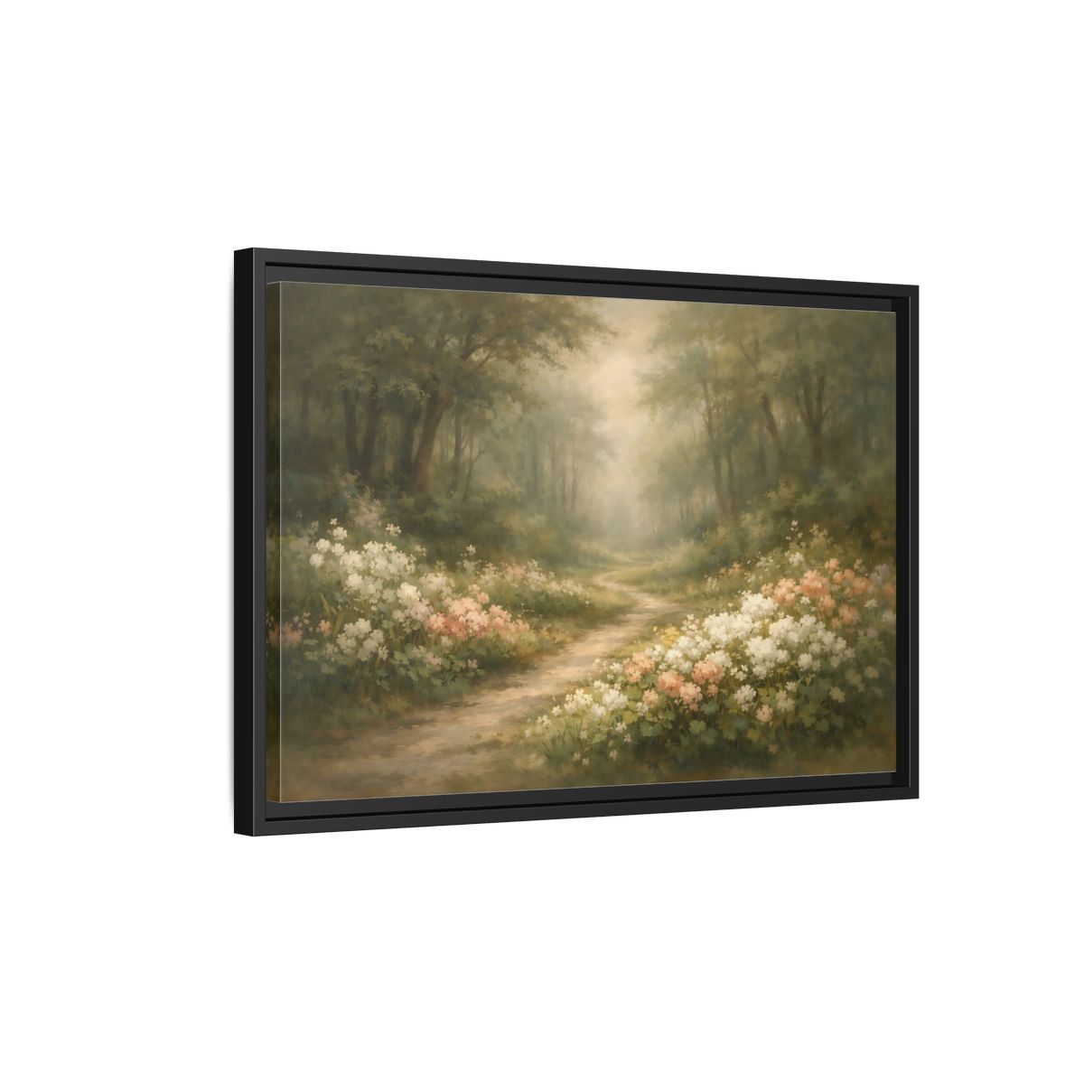Side Mockup 3. Nature Forest Path Misty Forest Path shown as stretched canvas wall art