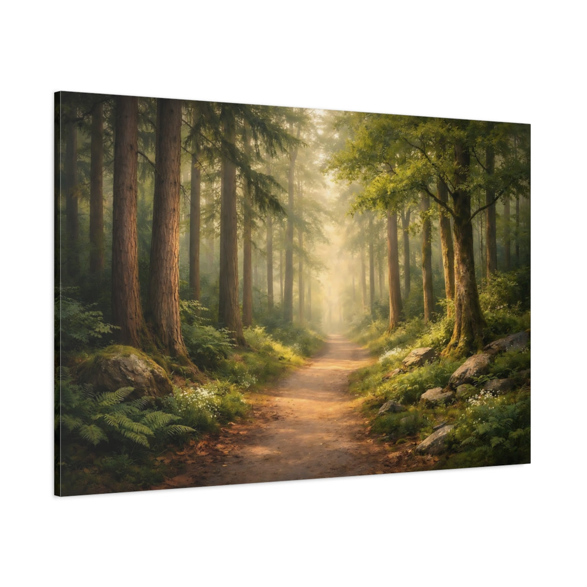 Main Mockup. Nature Forest Path Misty Woodland shown as stretched canvas wall art
