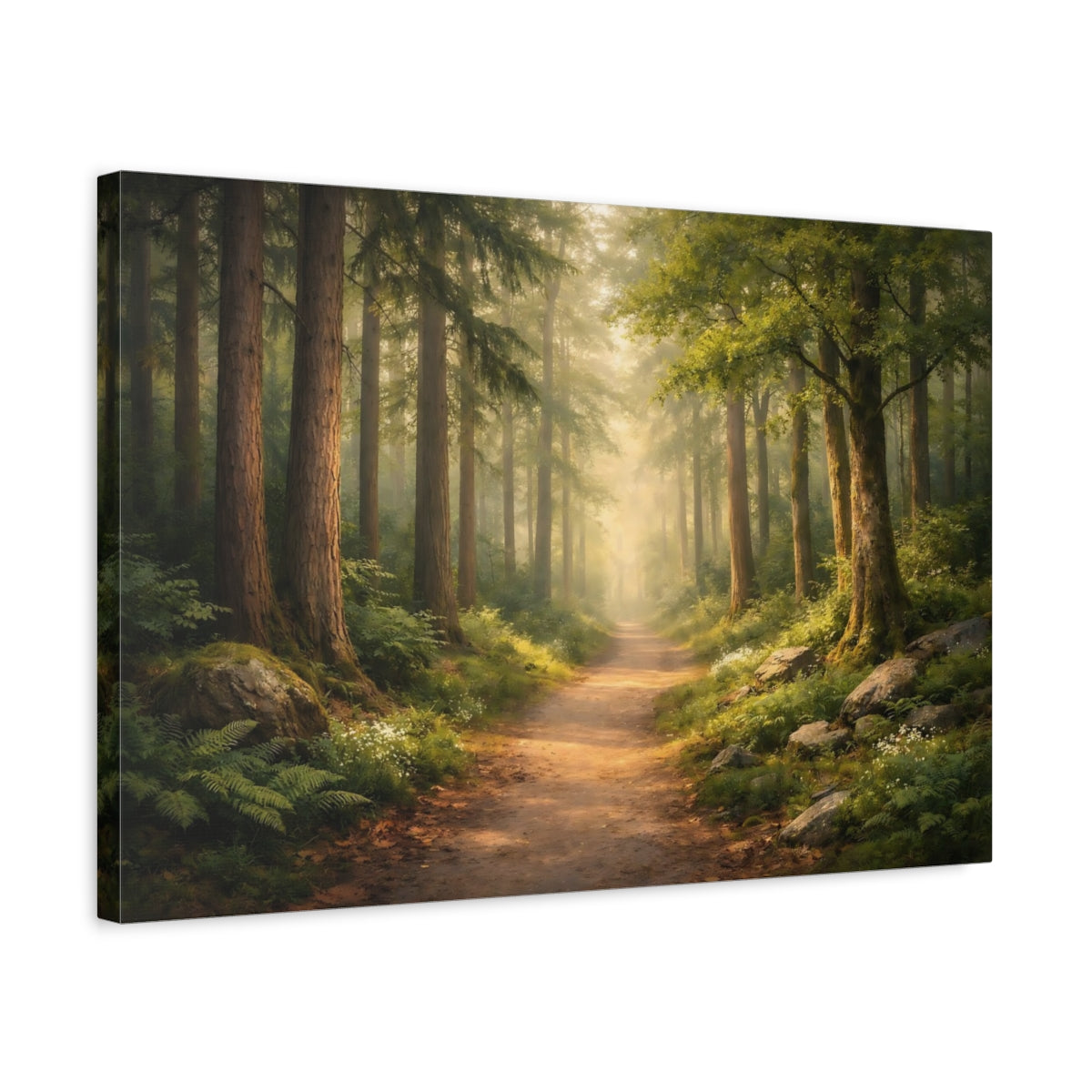 Side Mockup 3. Nature Forest Path Misty Woodland shown as stretched canvas wall art