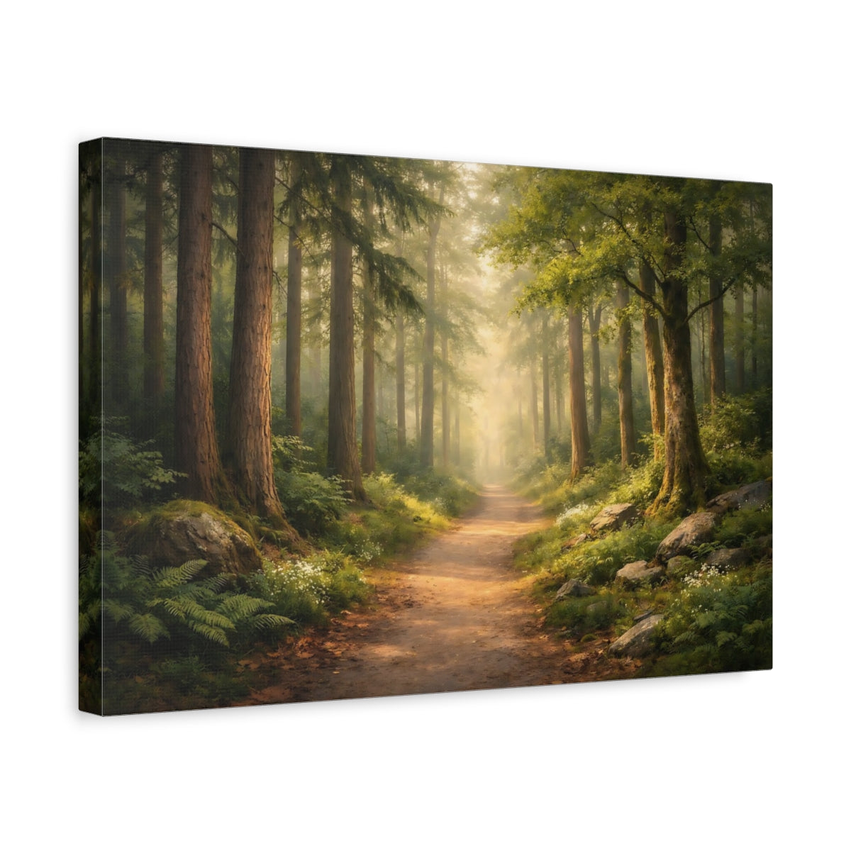 Side Mockup 4. Nature Forest Path Misty Woodland shown as stretched canvas wall art