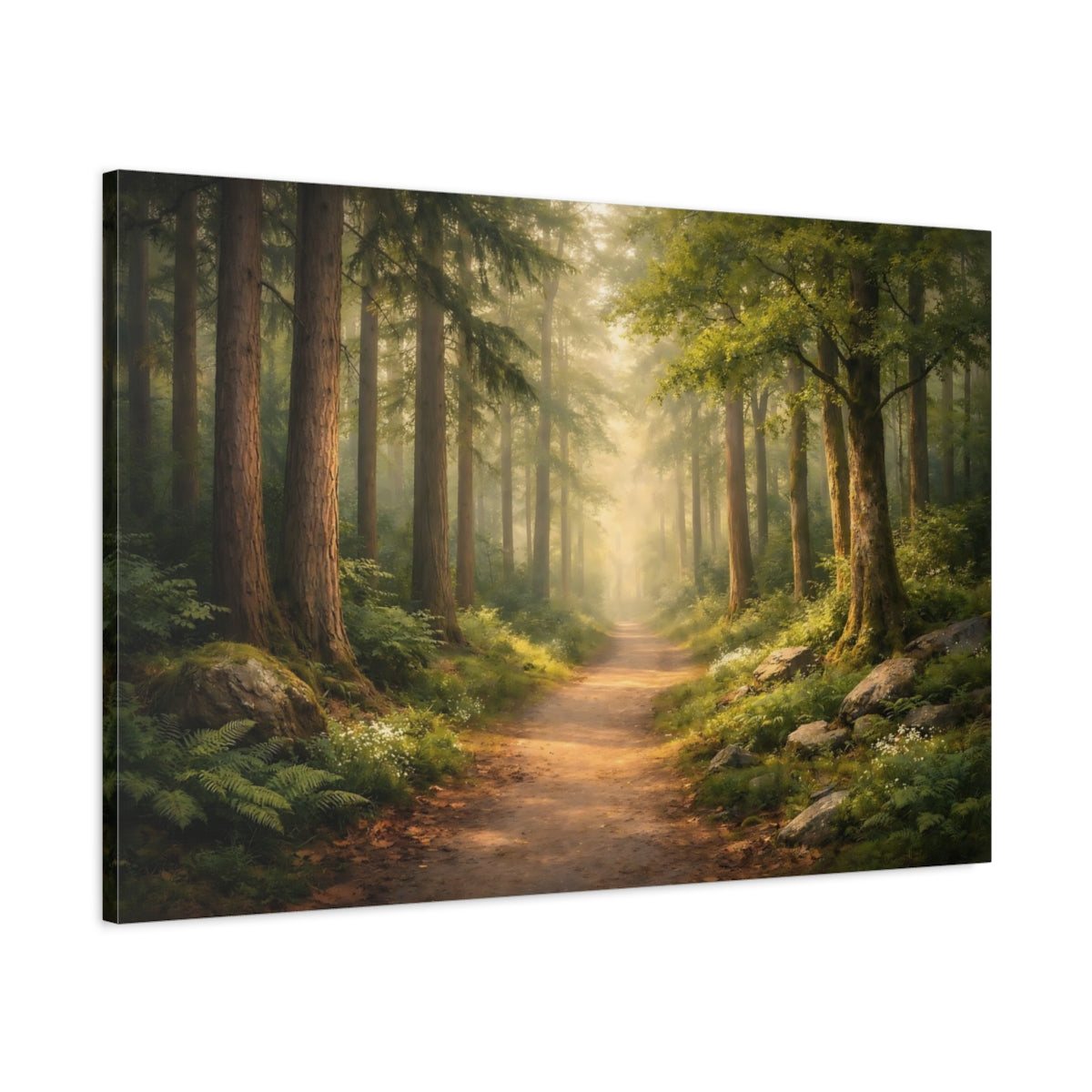 Side Mockup 1. Nature Forest Path Misty Woodland shown as stretched canvas wall art