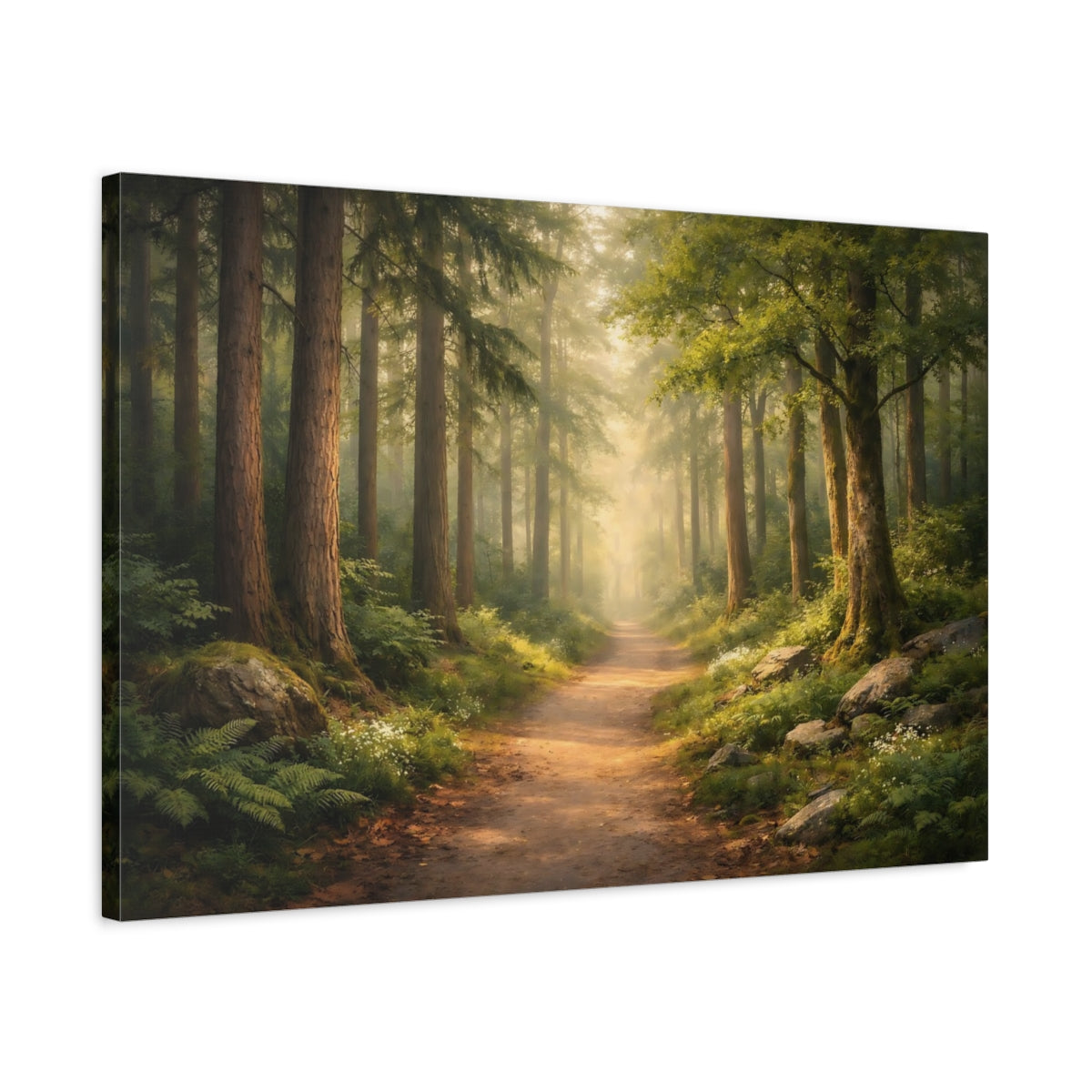 Side Mockup 2. Nature Forest Path Misty Woodland shown as stretched canvas wall art