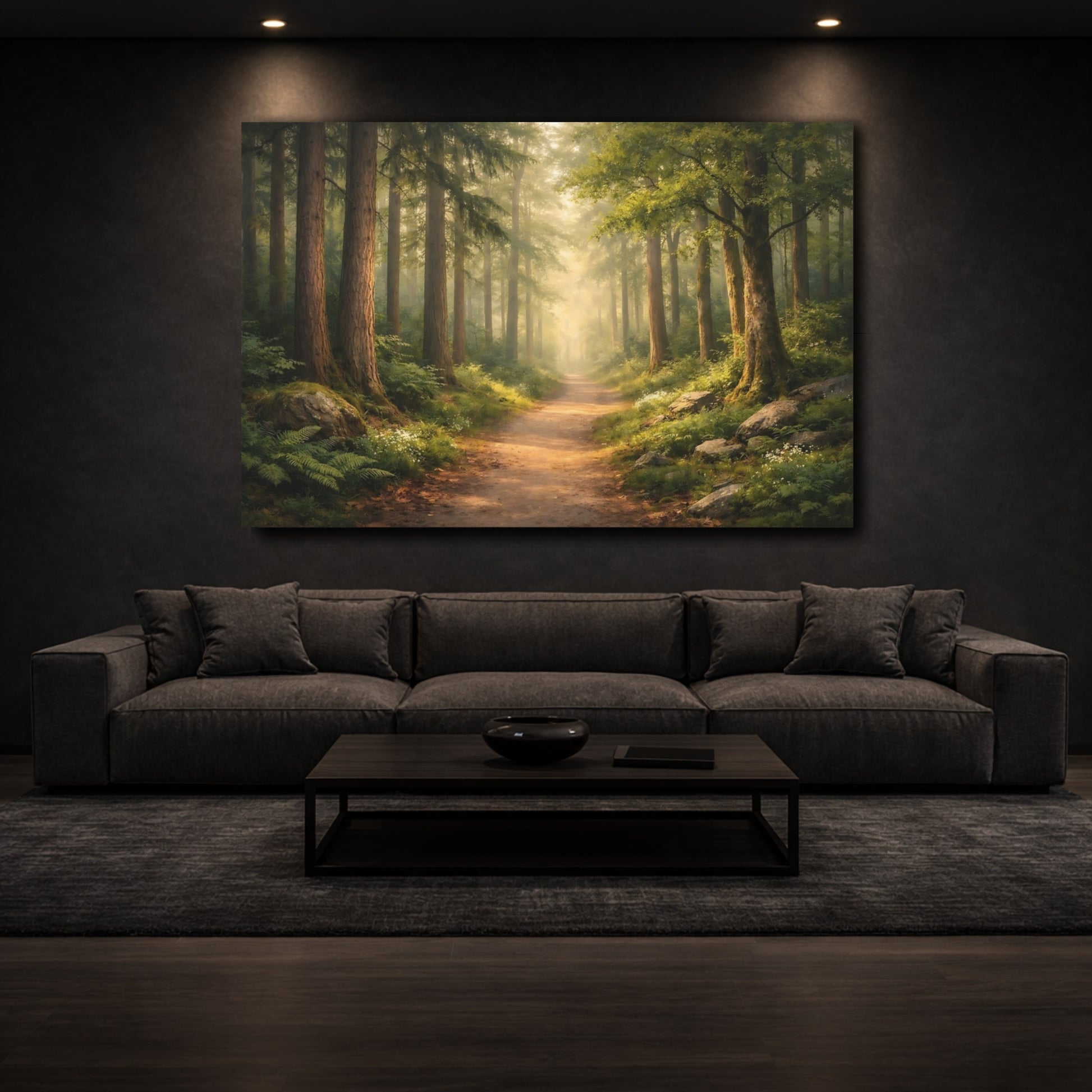Mockup 2. Nature Forest Path Misty Woodland shown as stretched canvas wall art