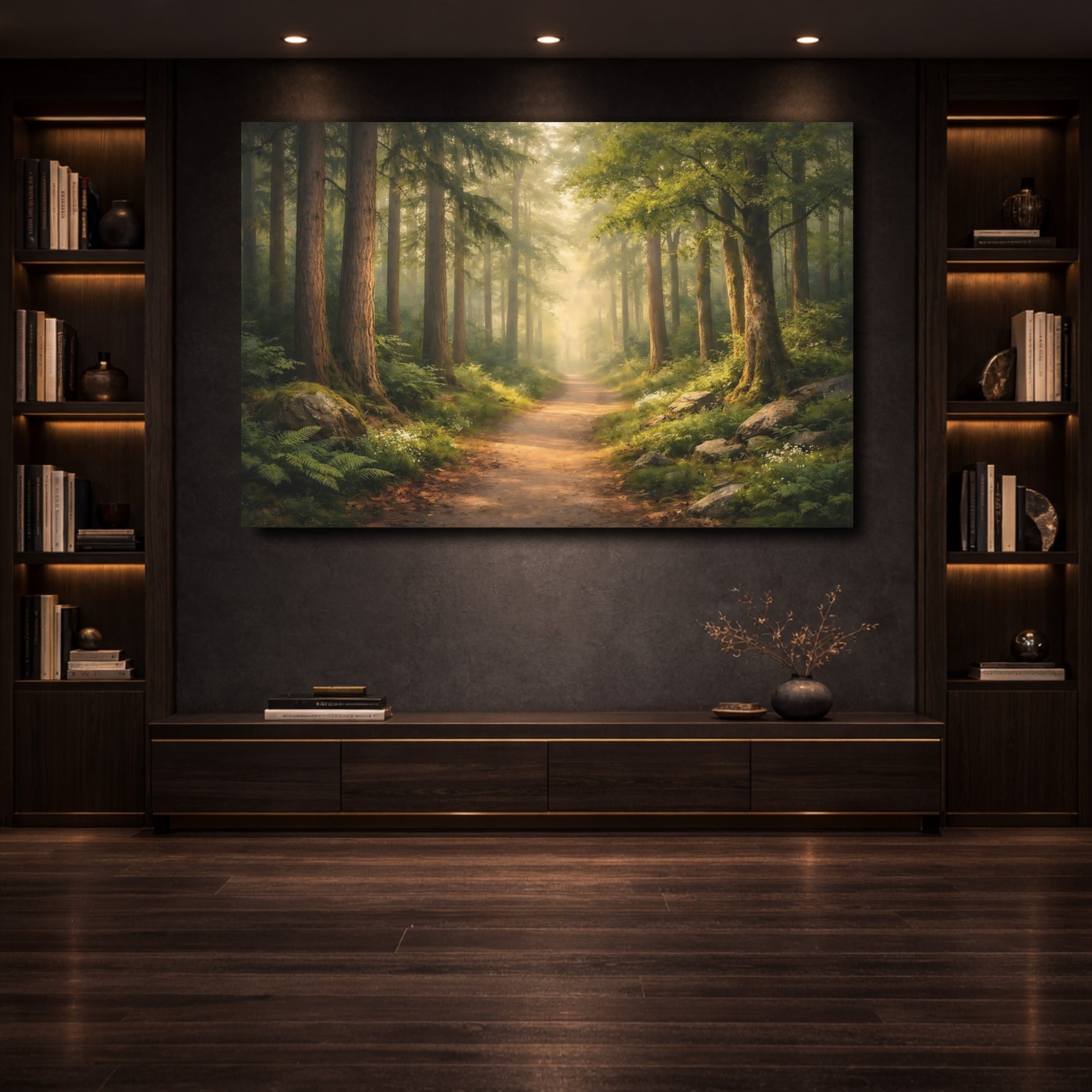 Mockup 3. Nature Forest Path Misty Woodland shown as stretched canvas wall art