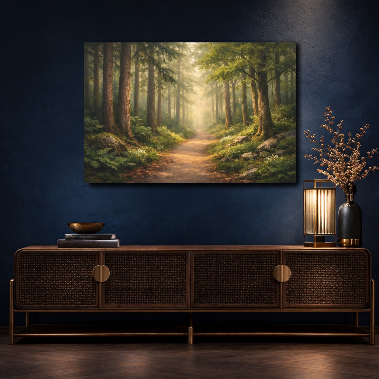 Mockup 4. Nature Forest Path Misty Woodland shown as stretched canvas wall art