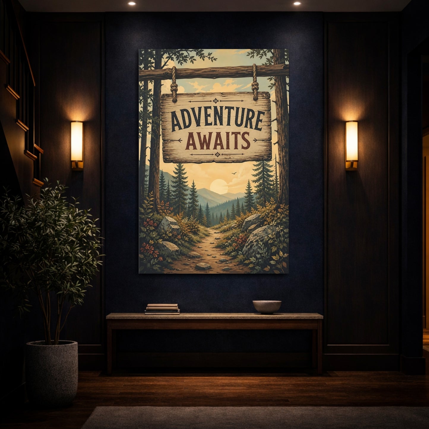 Mockup 4. Nature Forest Path Nature Forest Sunset shown as stretched canvas wall art
