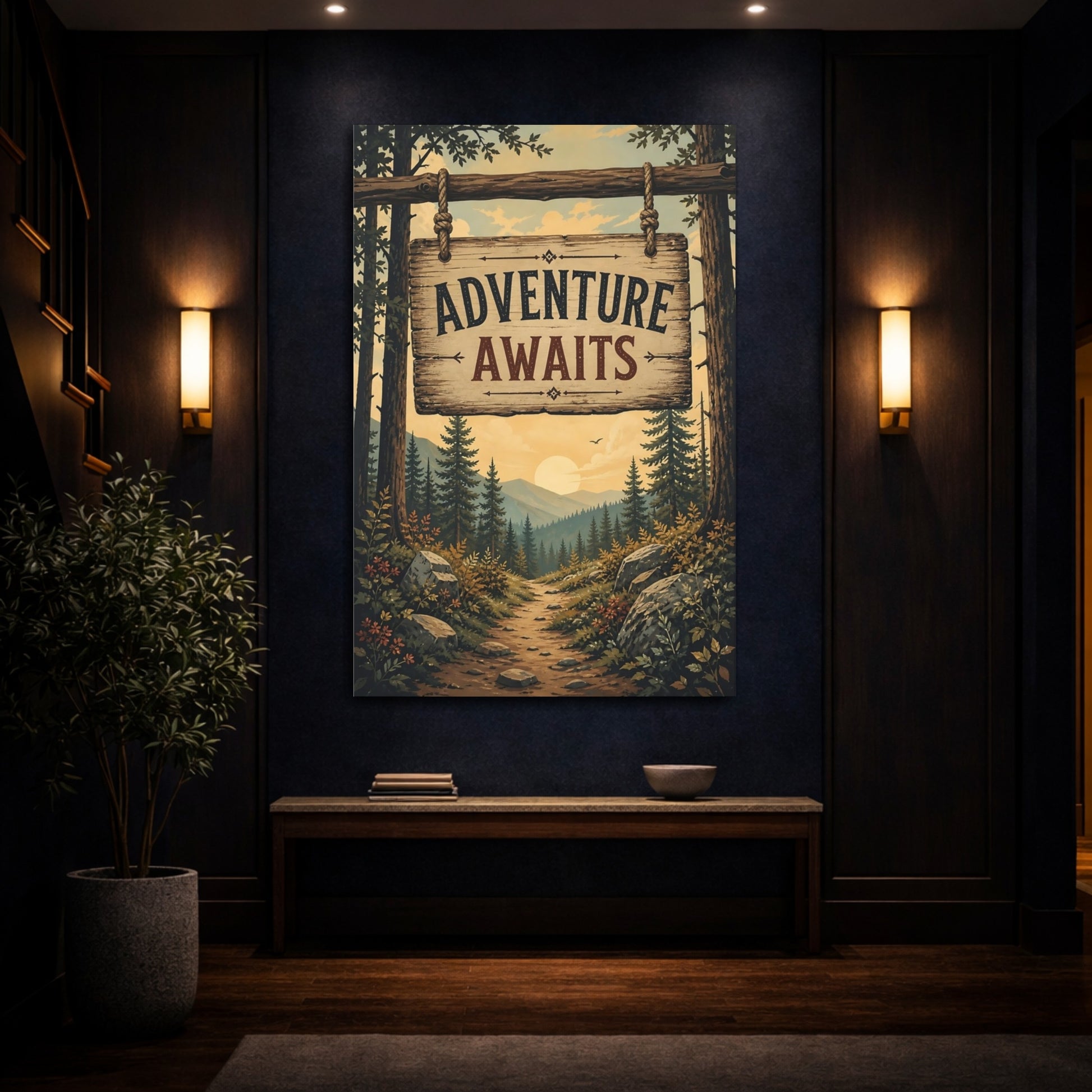 Mockup 4. Nature Forest Path Nature Forest Sunset shown as stretched canvas wall art