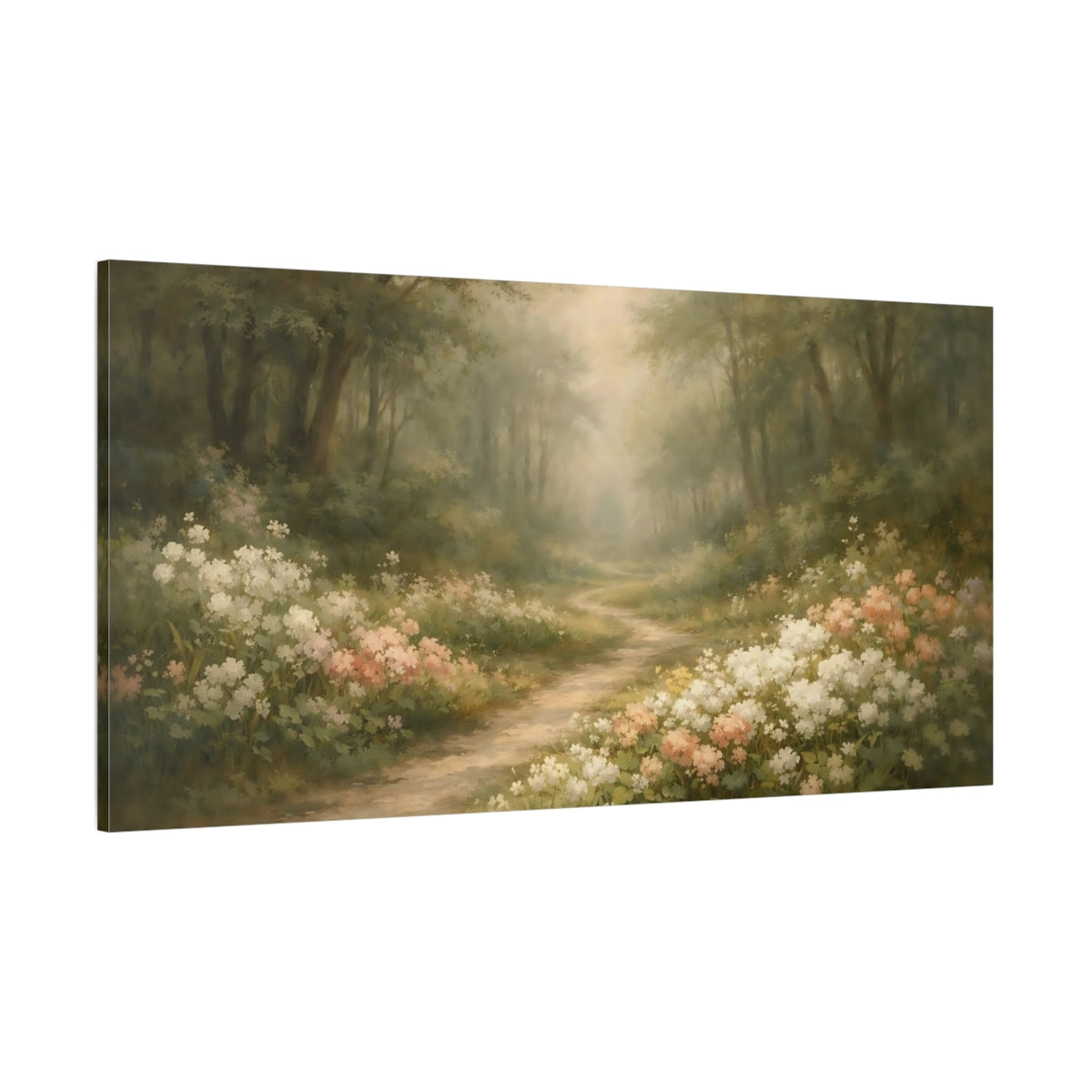 Main Mockup. Nature Forest Path Pastel Forest Path shown as stretched canvas wall art