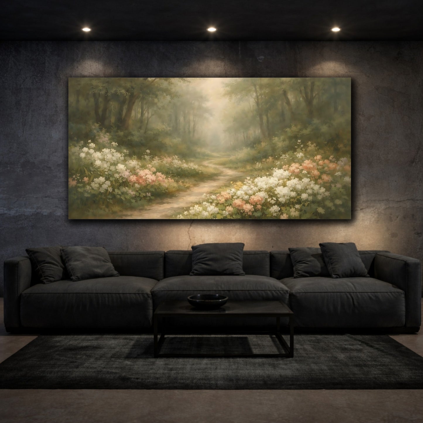 Mockup 2. Nature Forest Path Pastel Forest Path shown as stretched canvas wall art