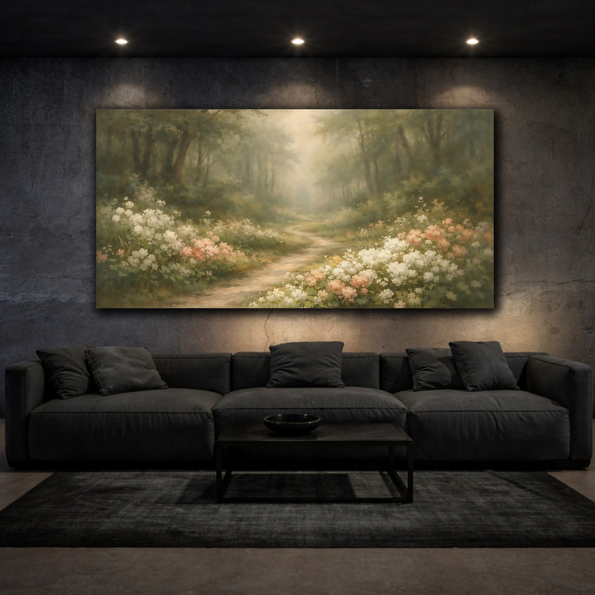 Mockup 2. Nature Forest Path Pastel Forest Path shown as stretched canvas wall art