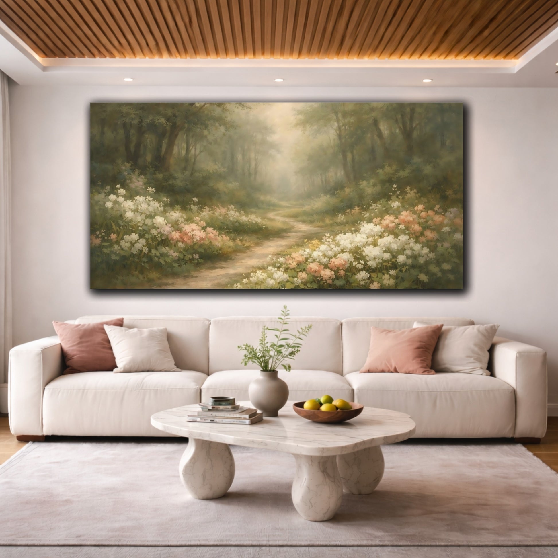 Mockup 3. Nature Forest Path Pastel Forest Path shown as stretched canvas wall art