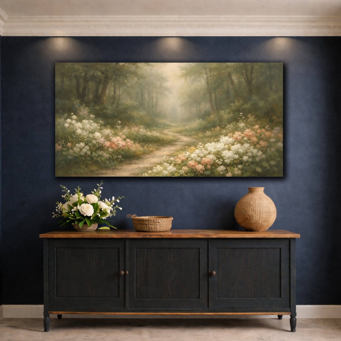 Mockup 4. Nature Forest Path Pastel Forest Path shown as stretched canvas wall art