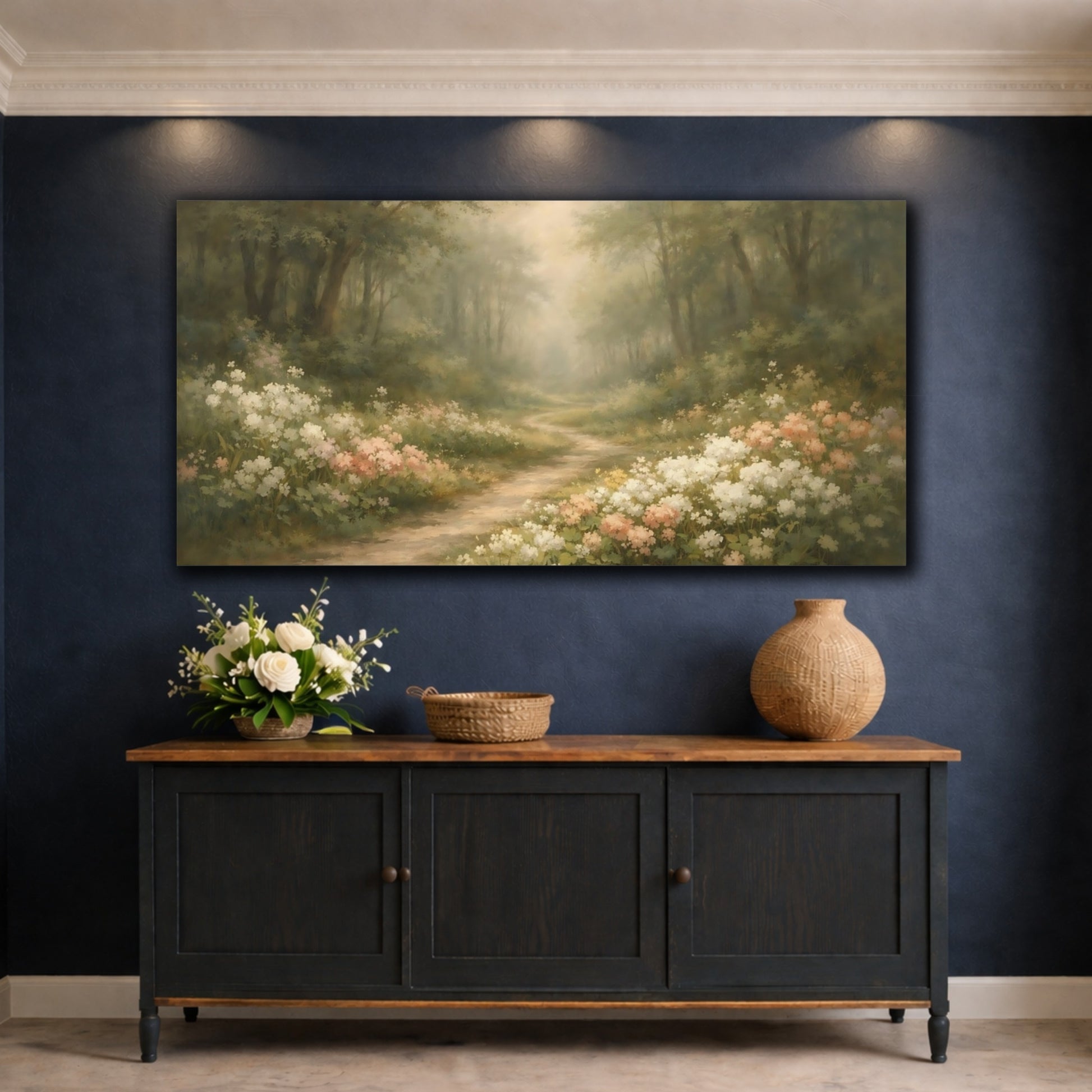 Mockup 4. Nature Forest Path Pastel Forest Path shown as stretched canvas wall art