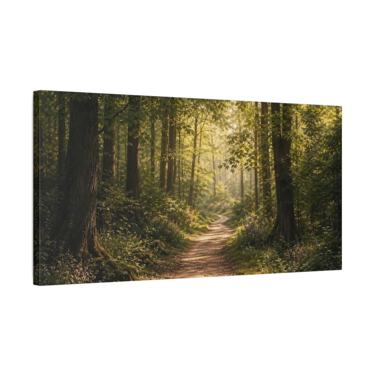 Side Mockup 1. Nature Forest Path Sunlit Forest shown as stretched canvas wall art